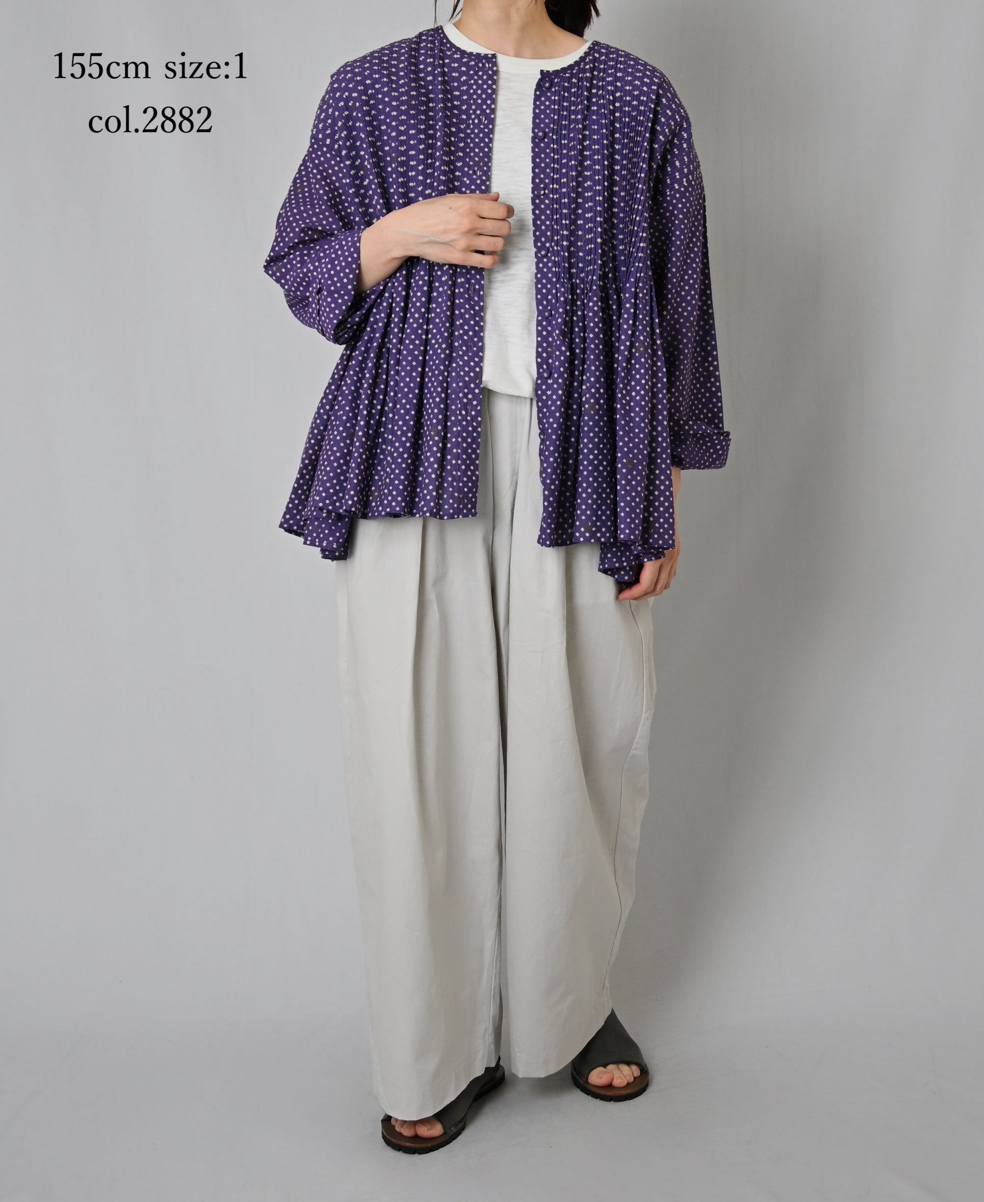 INMDS26083 80s VOILE SQUARE BLOCK PRINT CREW NECK BUTTON SHIRTS WITH MINI PINTUCK