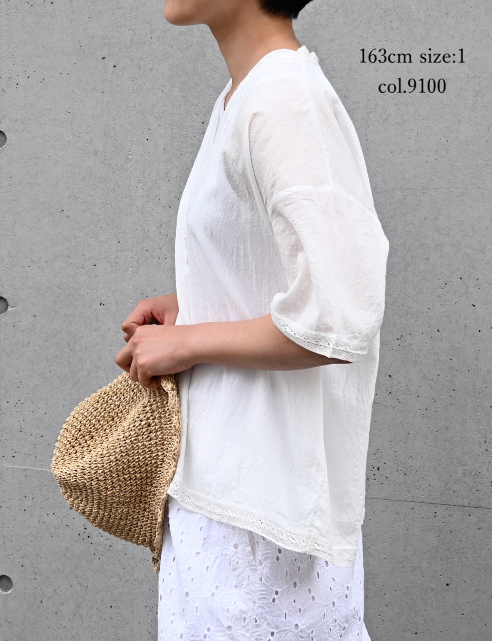 NSL24032 80s COTTON VOILE LACE V-NECK LACE S/SL PULLOVER