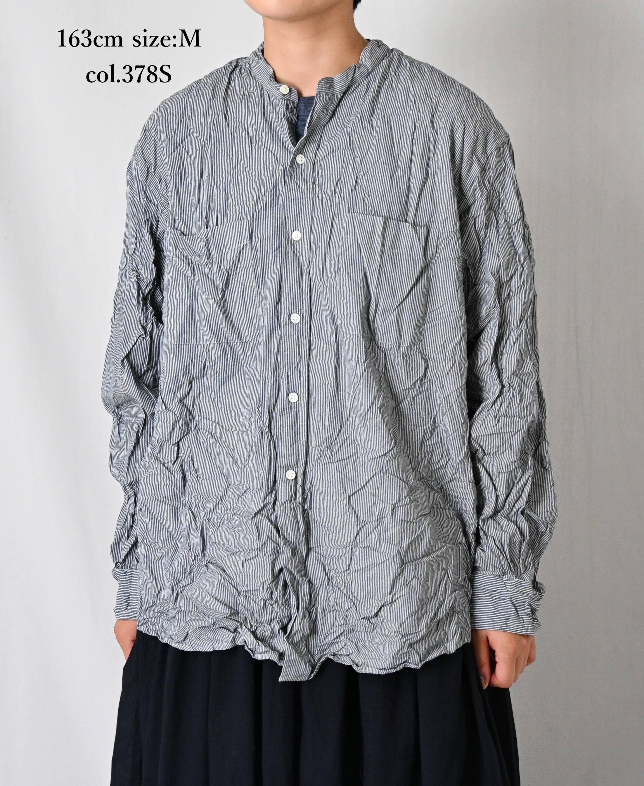 NVL2681SCW POPLIN STRIPE & CHECK WRINKLE BANDED COLLAR L/SL OVERSIZED SHIRTS
