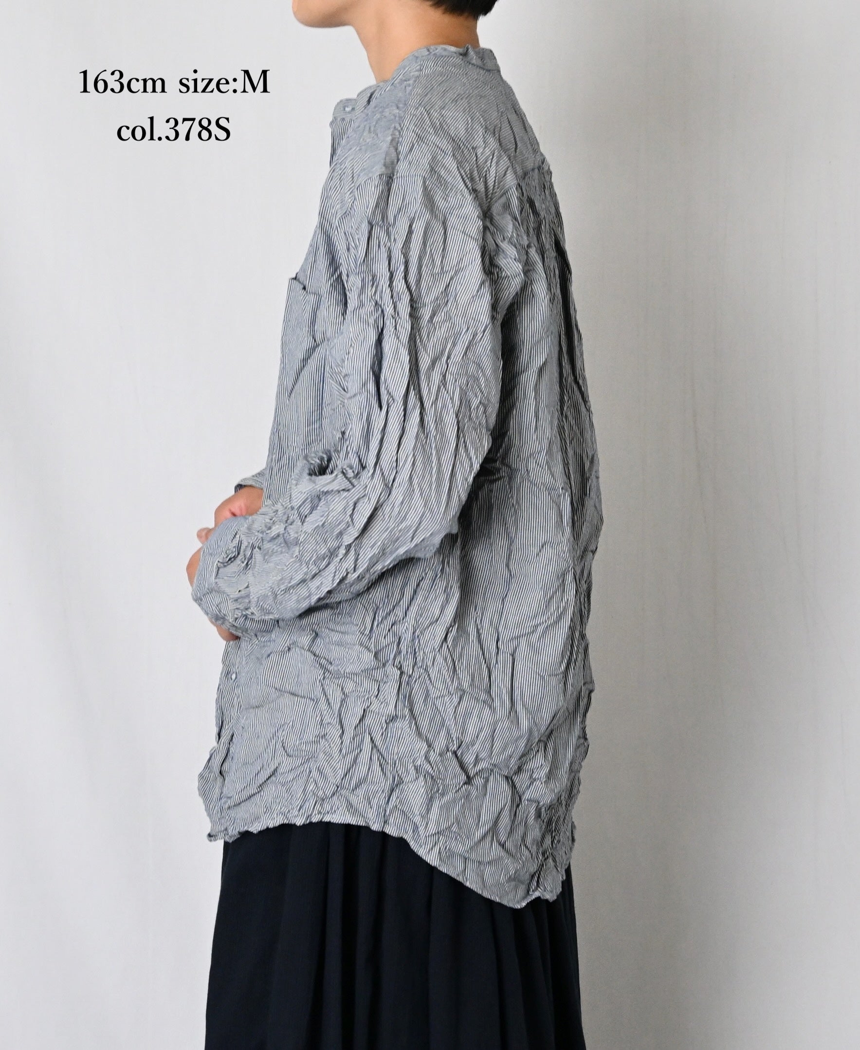 NVL2681SCW POPLIN STRIPE & CHECK WRINKLE BANDED COLLAR L/SL OVERSIZED SHIRTS