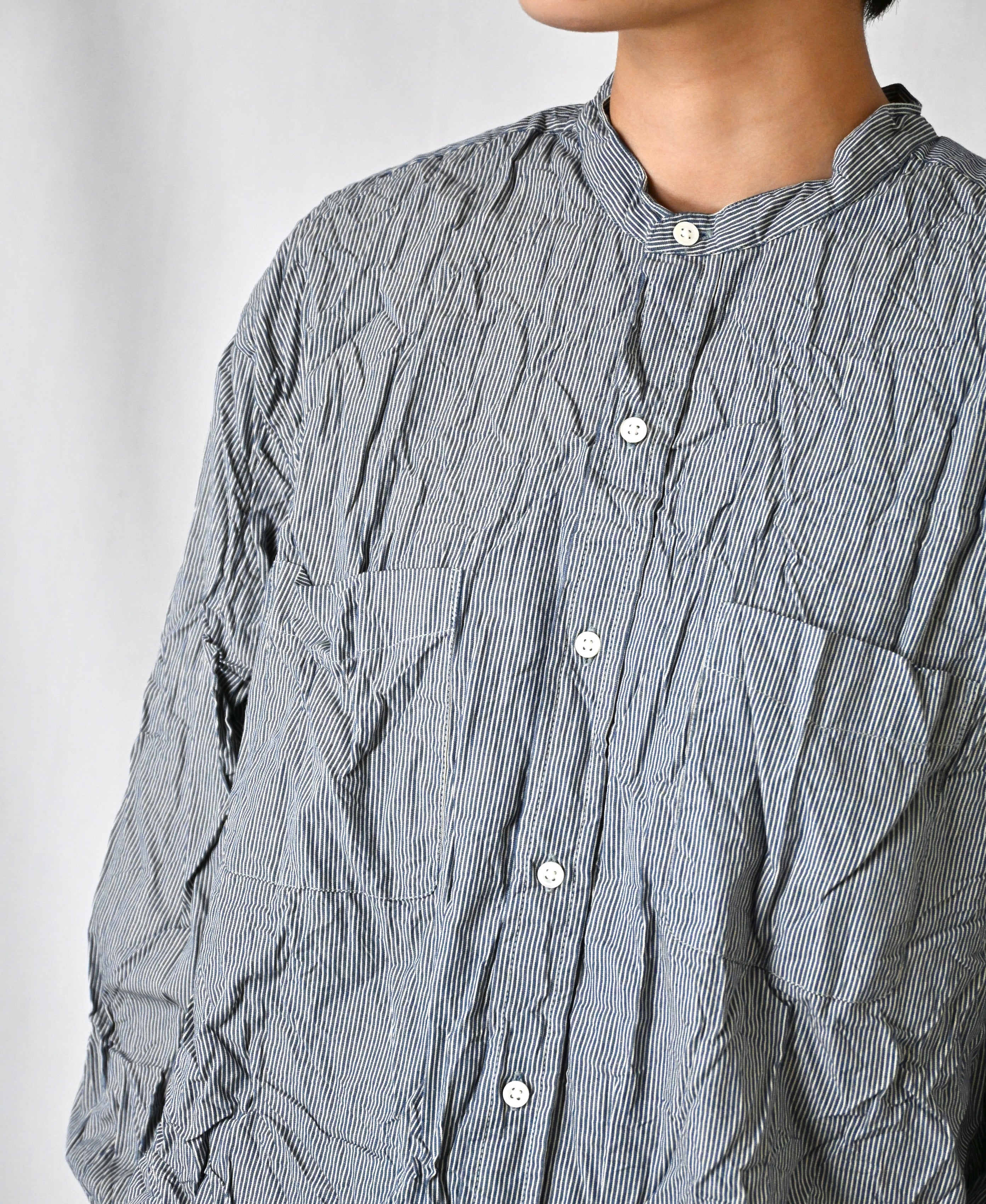 NVL2681SCW POPLIN STRIPE & CHECK WRINKLE BANDED COLLAR L/SL OVERSIZED SHIRTS