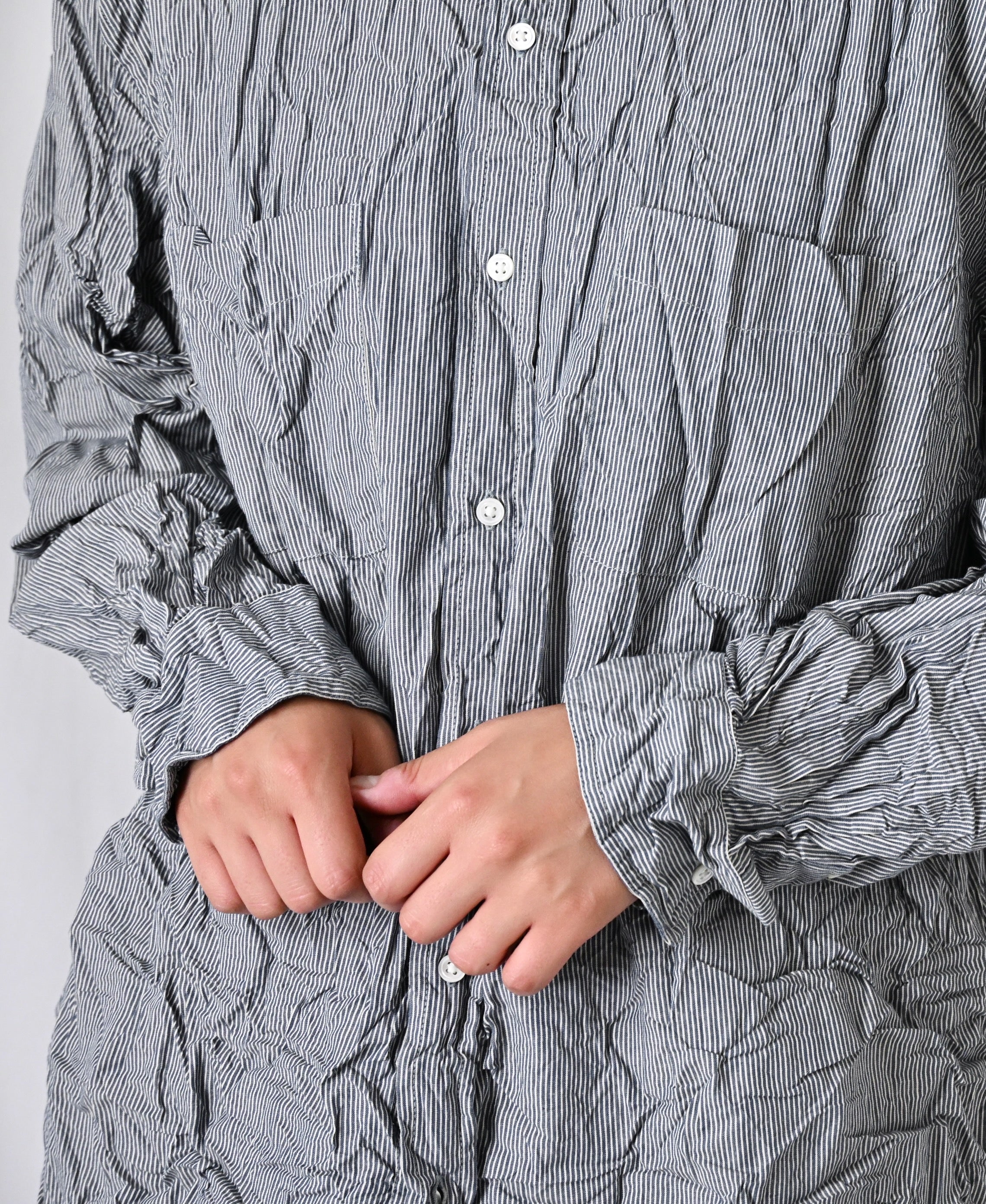 NVL2681SCW POPLIN STRIPE & CHECK WRINKLE BANDED COLLAR L/SL OVERSIZED SHIRTS