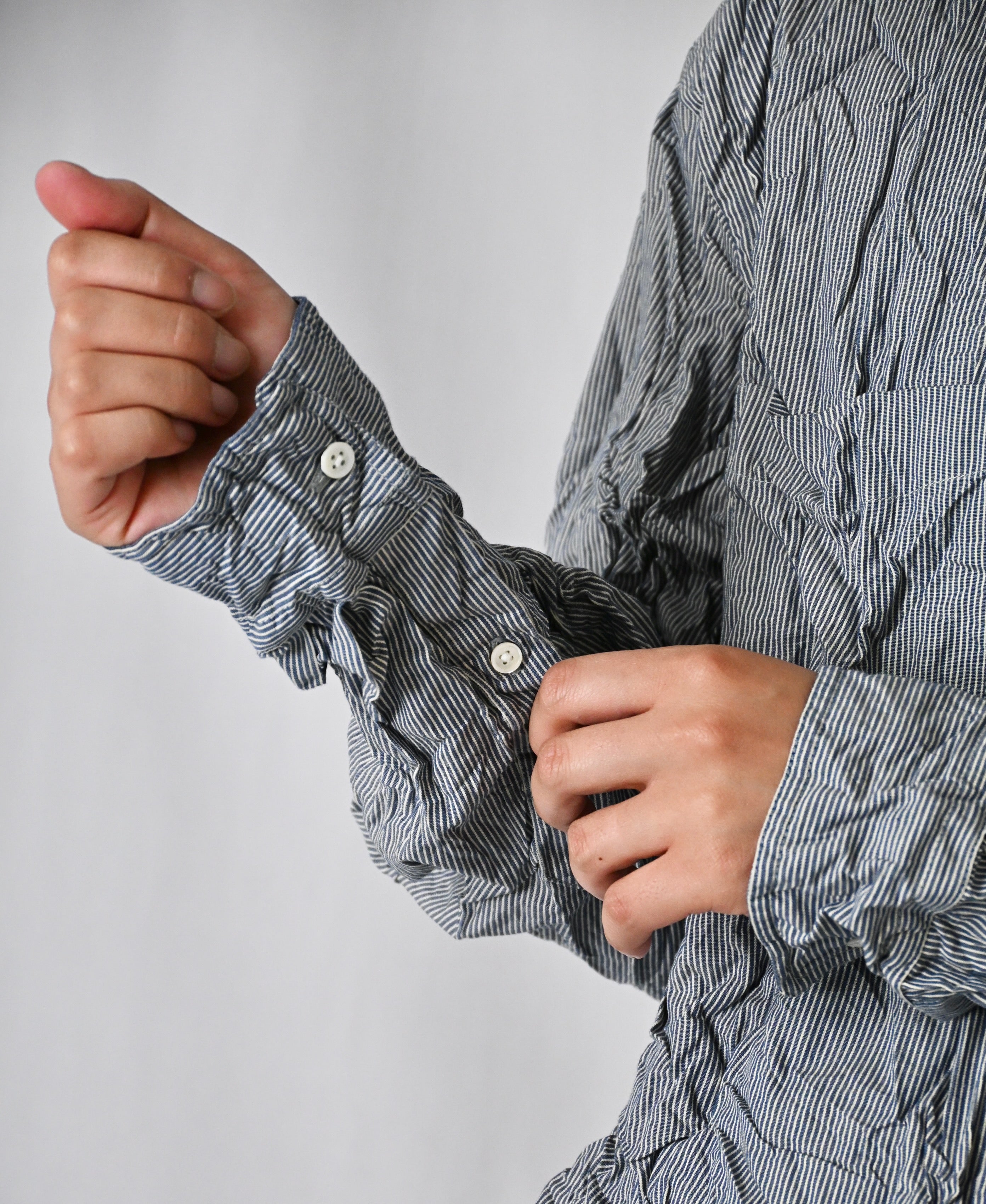 NVL2681SCW POPLIN STRIPE & CHECK WRINKLE BANDED COLLAR L/SL OVERSIZED SHIRTS