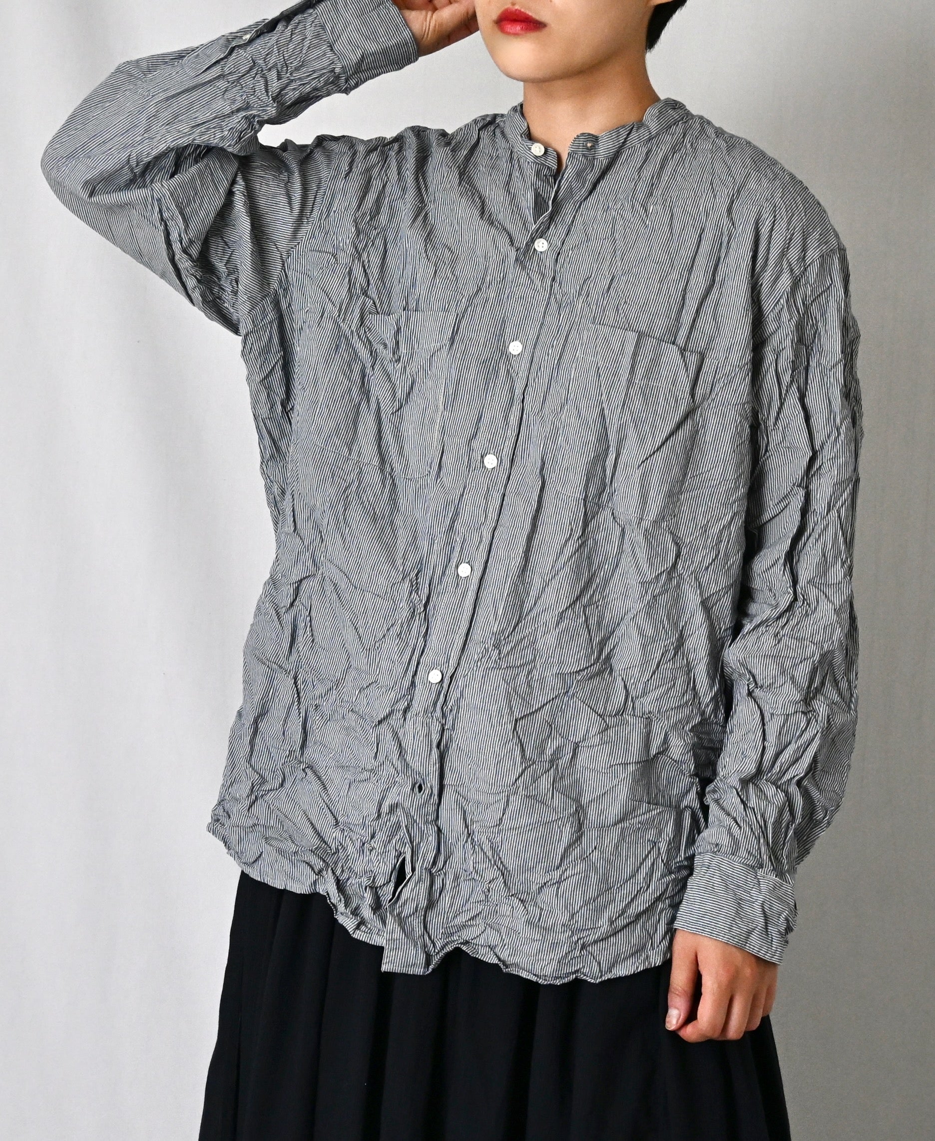 NVL2681SCW POPLIN STRIPE & CHECK WRINKLE BANDED COLLAR L/SL OVERSIZED SHIRTS