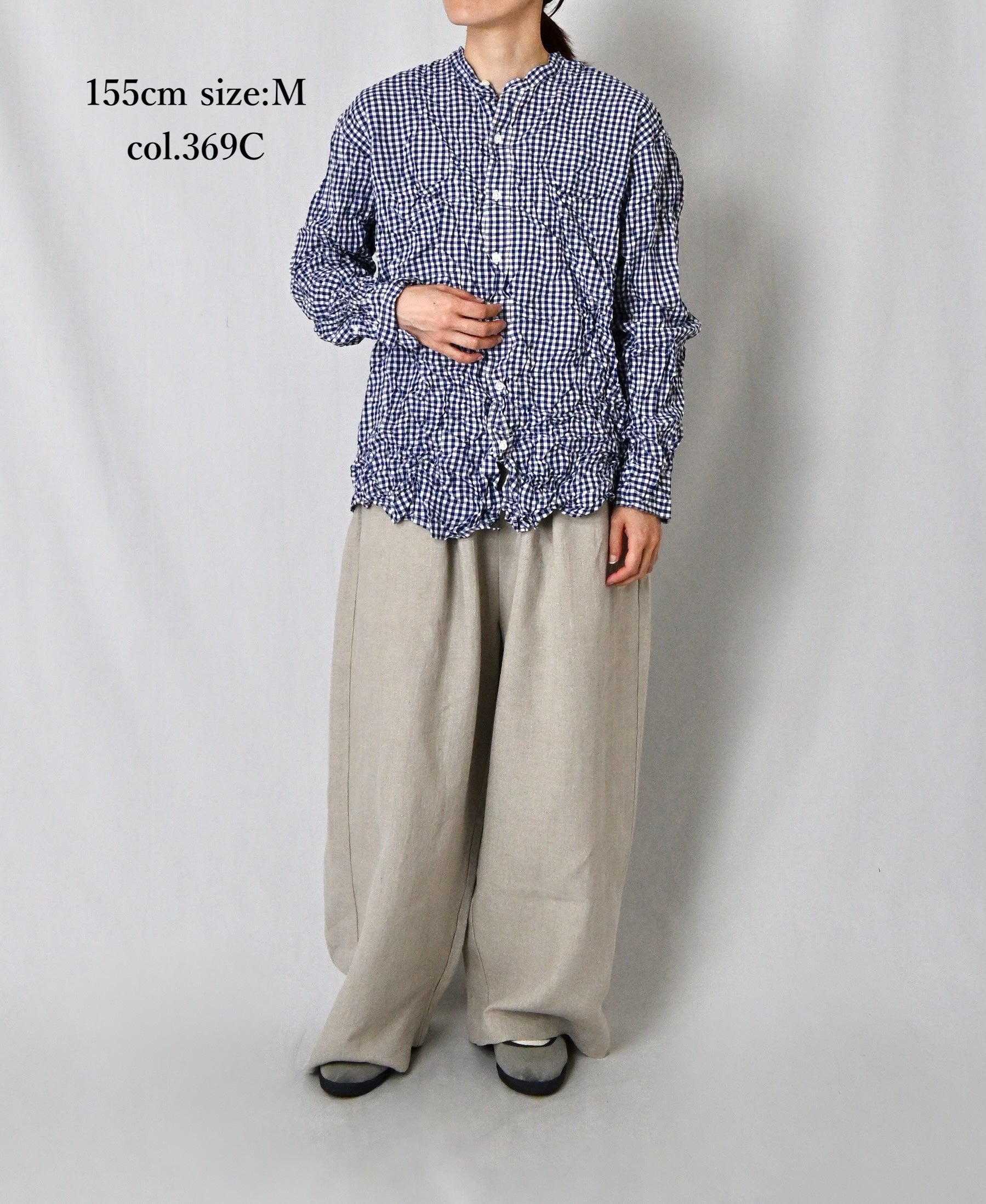 NVL2681SCW POPLIN STRIPE & CHECK WRINKLE BANDED COLLAR L/SL OVERSIZED SHIRTS