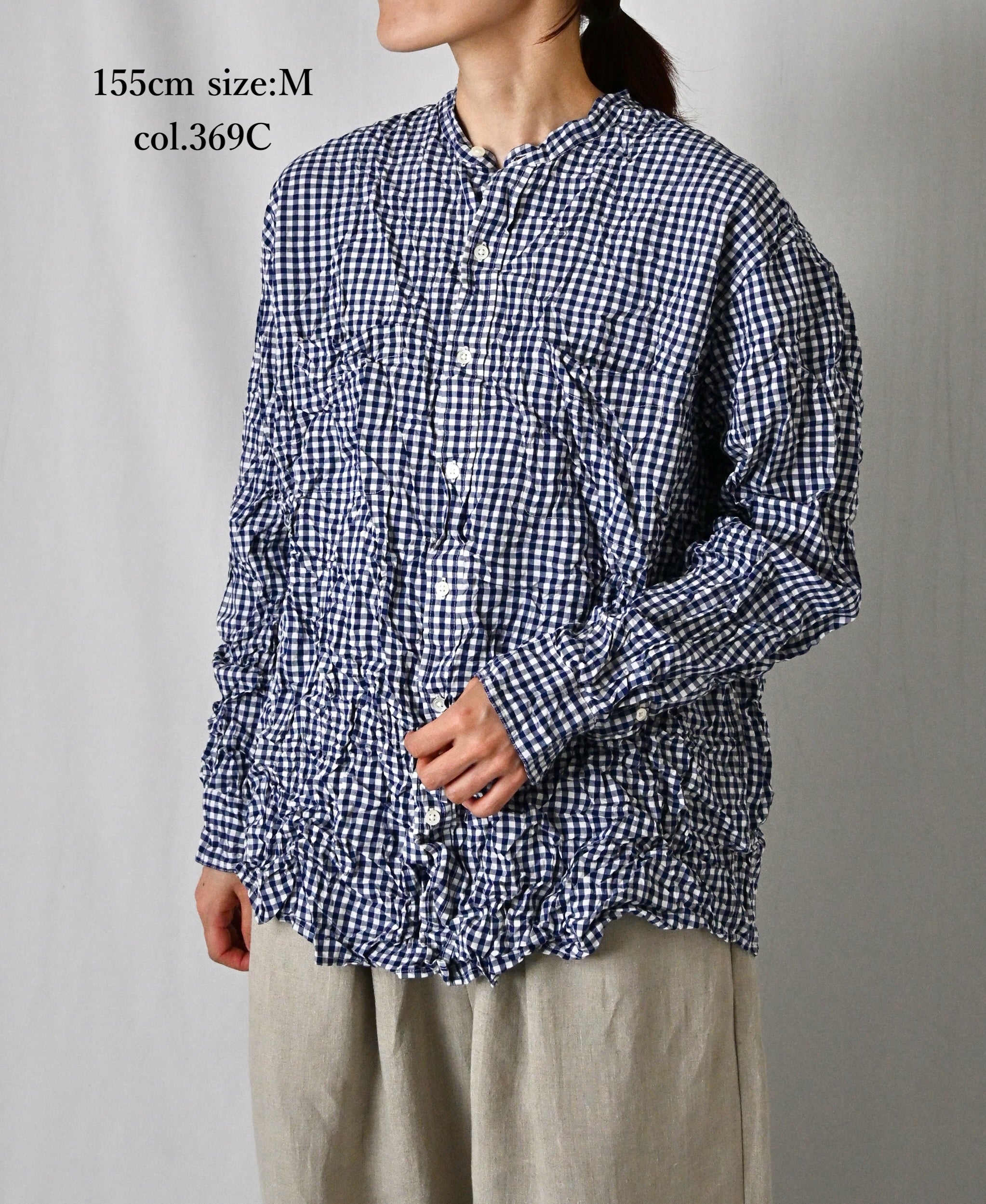 NVL2681SCW POPLIN STRIPE & CHECK WRINKLE BANDED COLLAR L/SL OVERSIZED SHIRTS