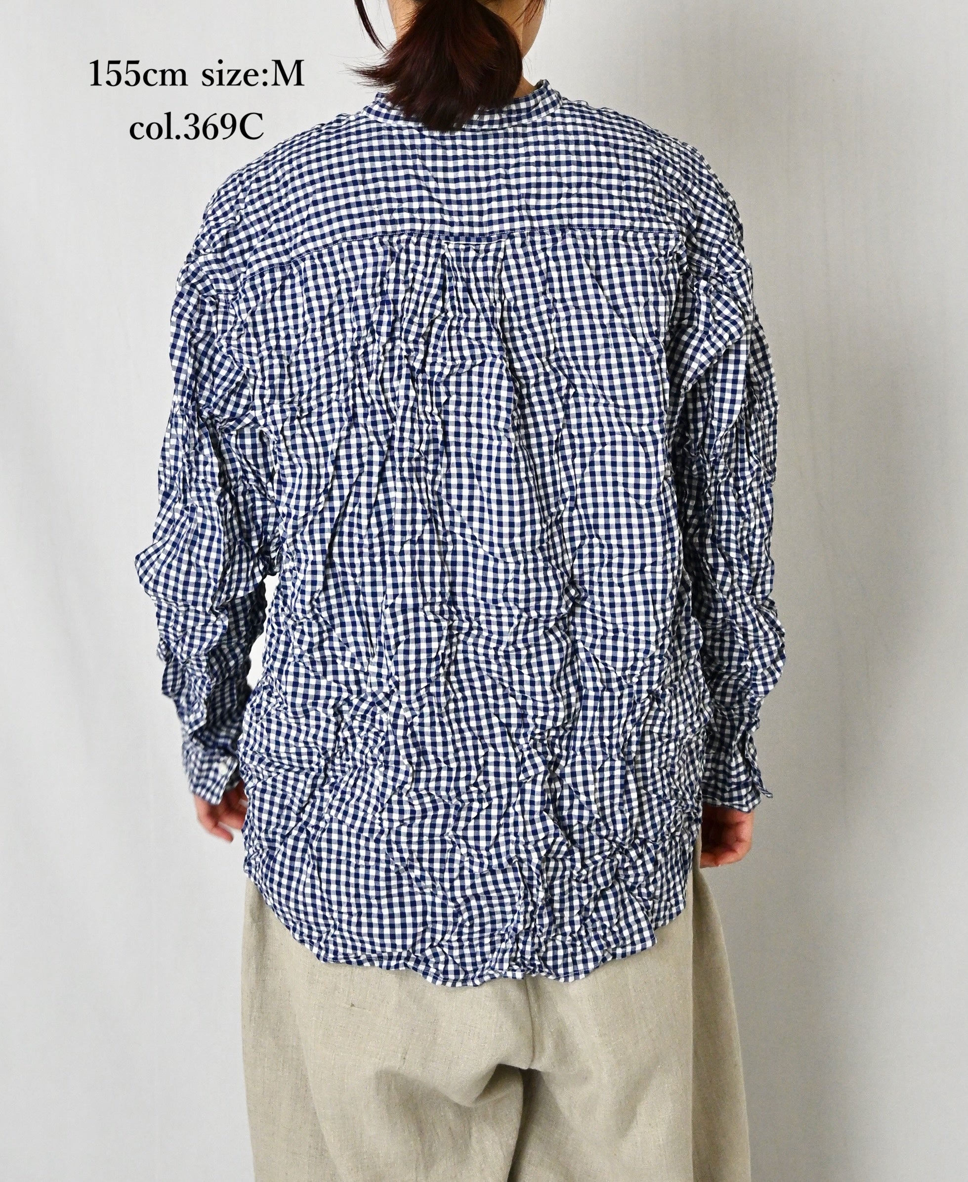 NVL2681SCW POPLIN STRIPE & CHECK WRINKLE BANDED COLLAR L/SL OVERSIZED SHIRTS