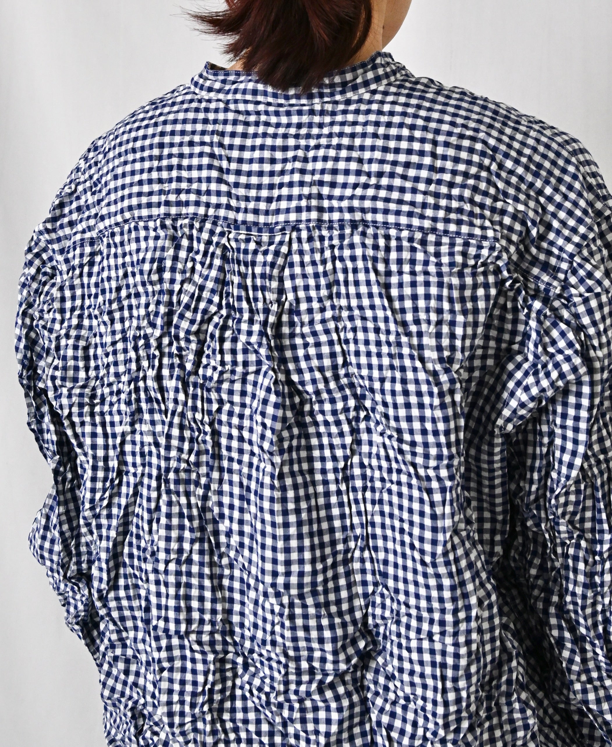 NVL2681SCW POPLIN STRIPE & CHECK WRINKLE BANDED COLLAR L/SL OVERSIZED SHIRTS