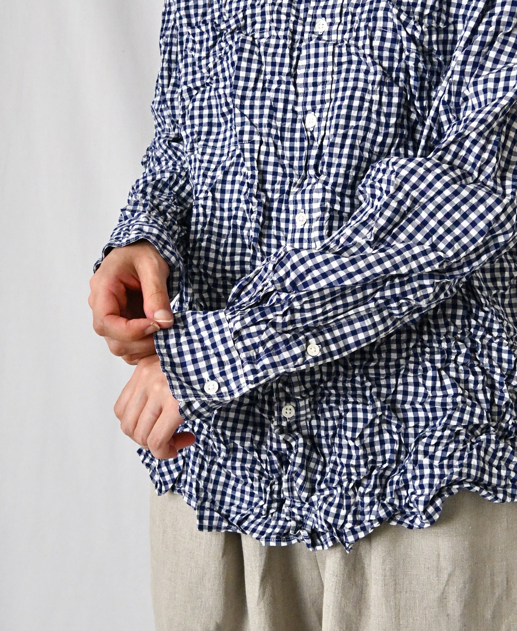 NVL2681SCW POPLIN STRIPE & CHECK WRINKLE BANDED COLLAR L/SL OVERSIZED SHIRTS