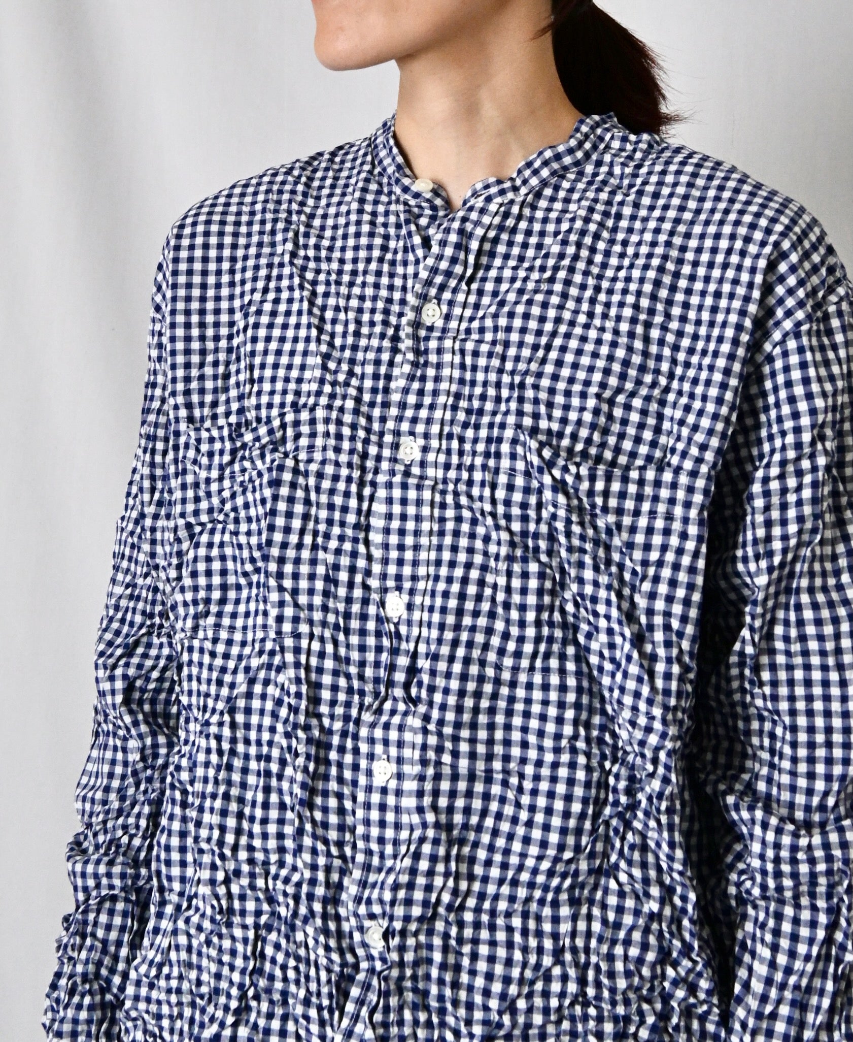 NVL2681SCW POPLIN STRIPE & CHECK WRINKLE BANDED COLLAR L/SL OVERSIZED SHIRTS