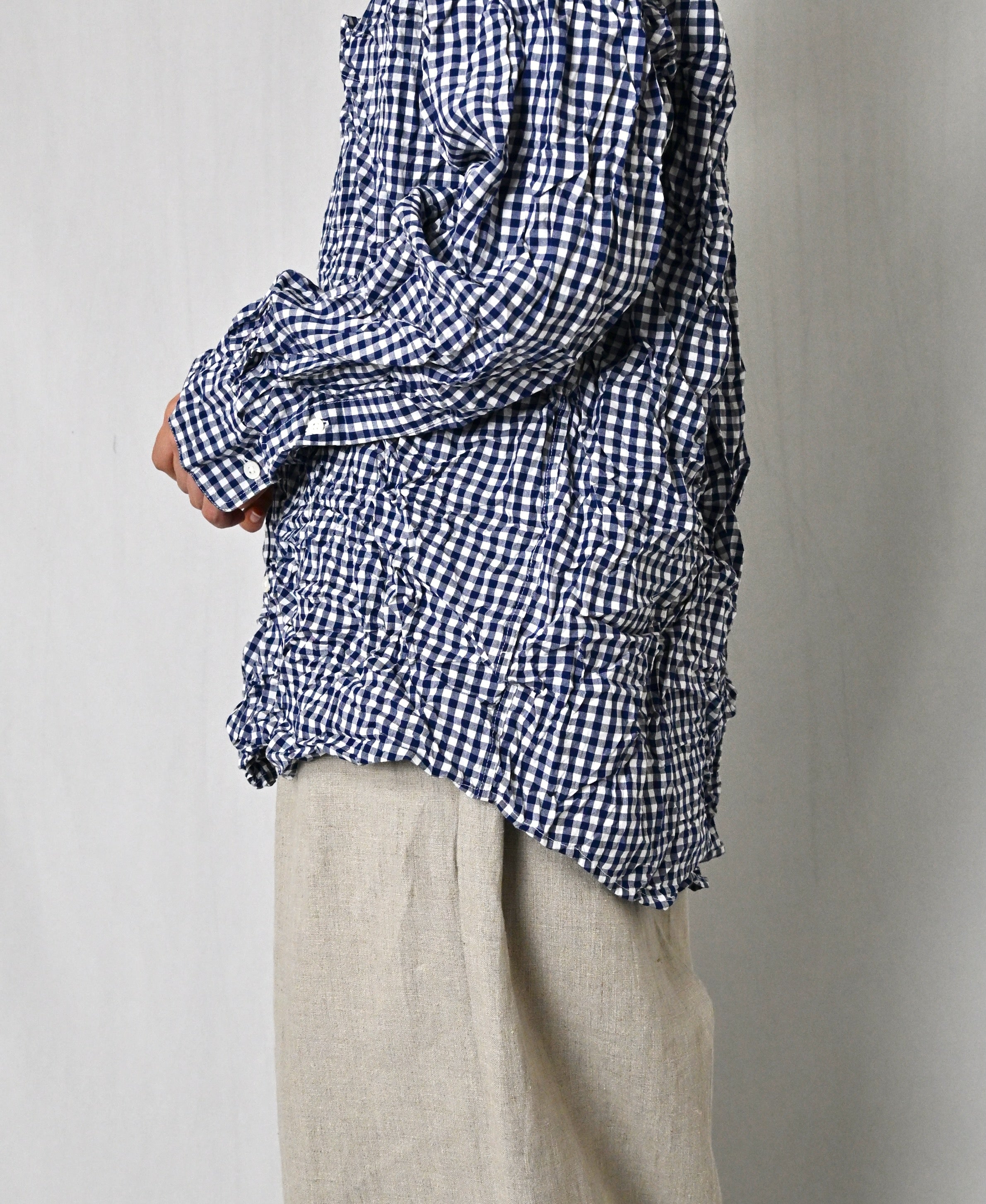 NVL2681SCW POPLIN STRIPE & CHECK WRINKLE BANDED COLLAR L/SL OVERSIZED SHIRTS