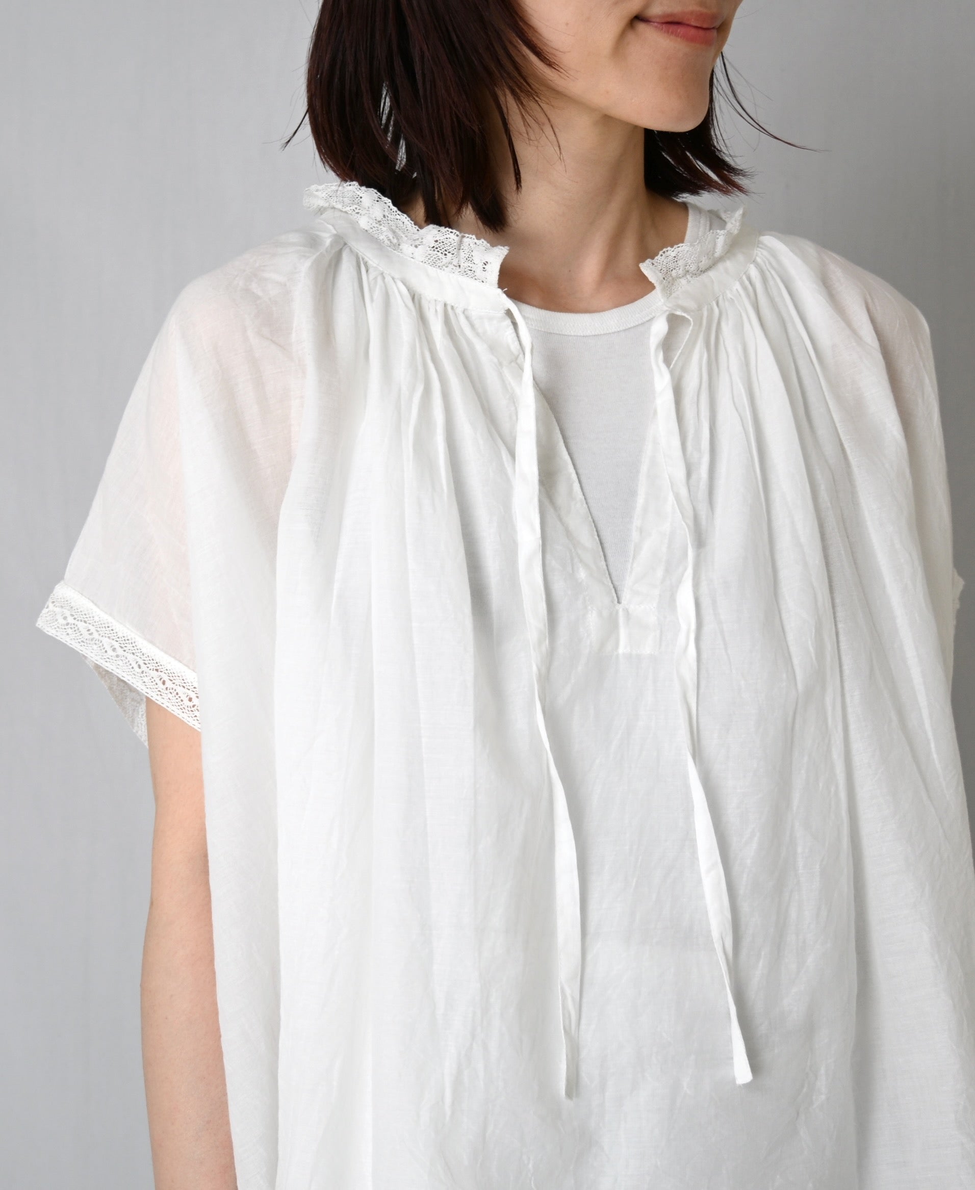 NSL26092 80s COTTON VOILE LACE LACE&STRING COLLAR GATHERED SHIRT