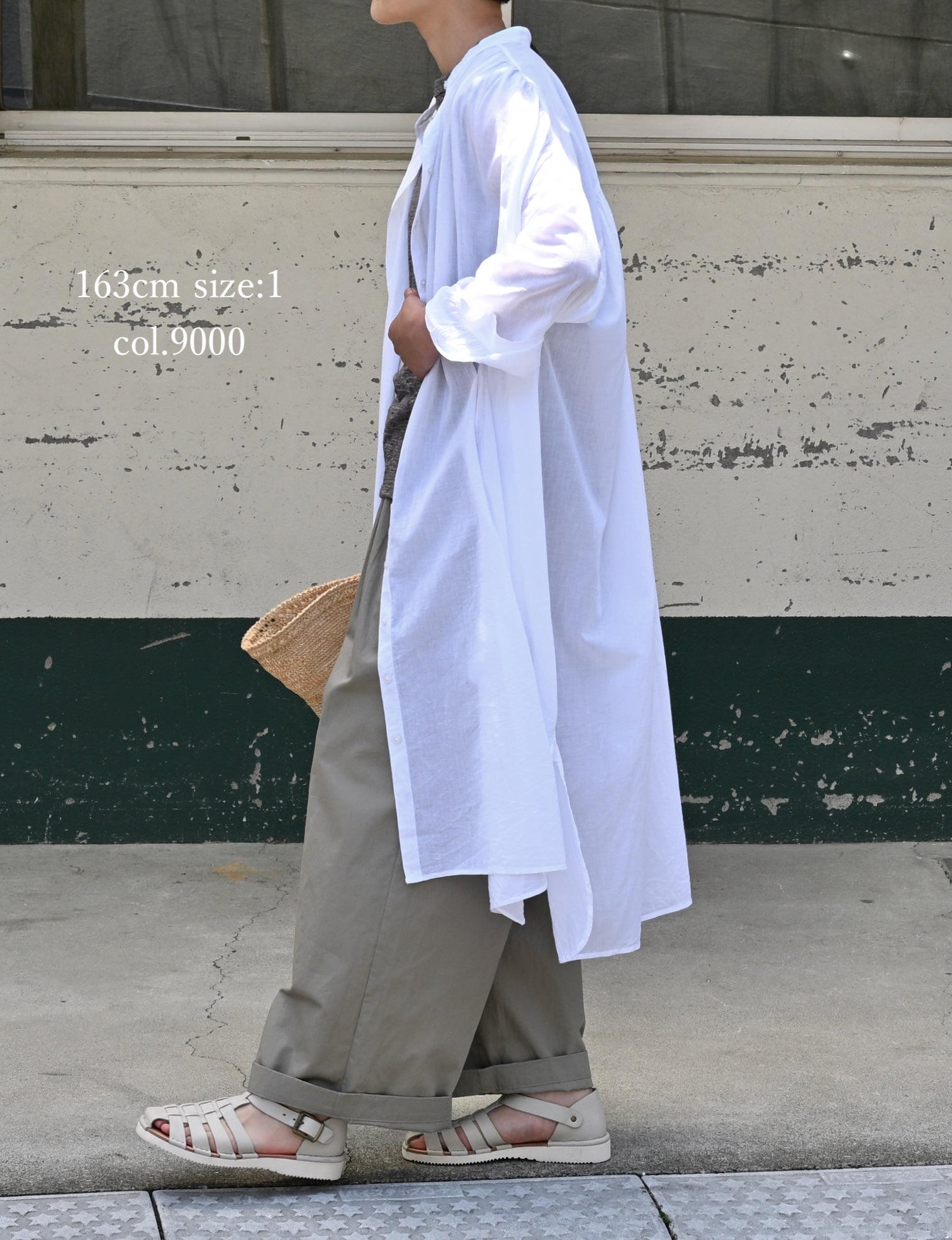 NSL26024 80s COTTON VOILE PLAIN BANDED COLLAR GATHERED SHIRT DRESS