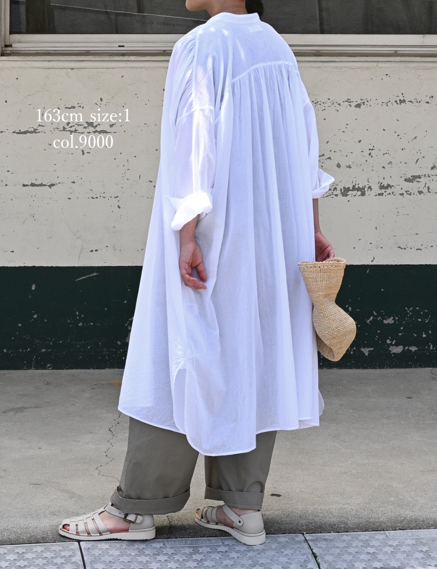 NSL26024 80s COTTON VOILE PLAIN BANDED COLLAR GATHERED SHIRT DRESS