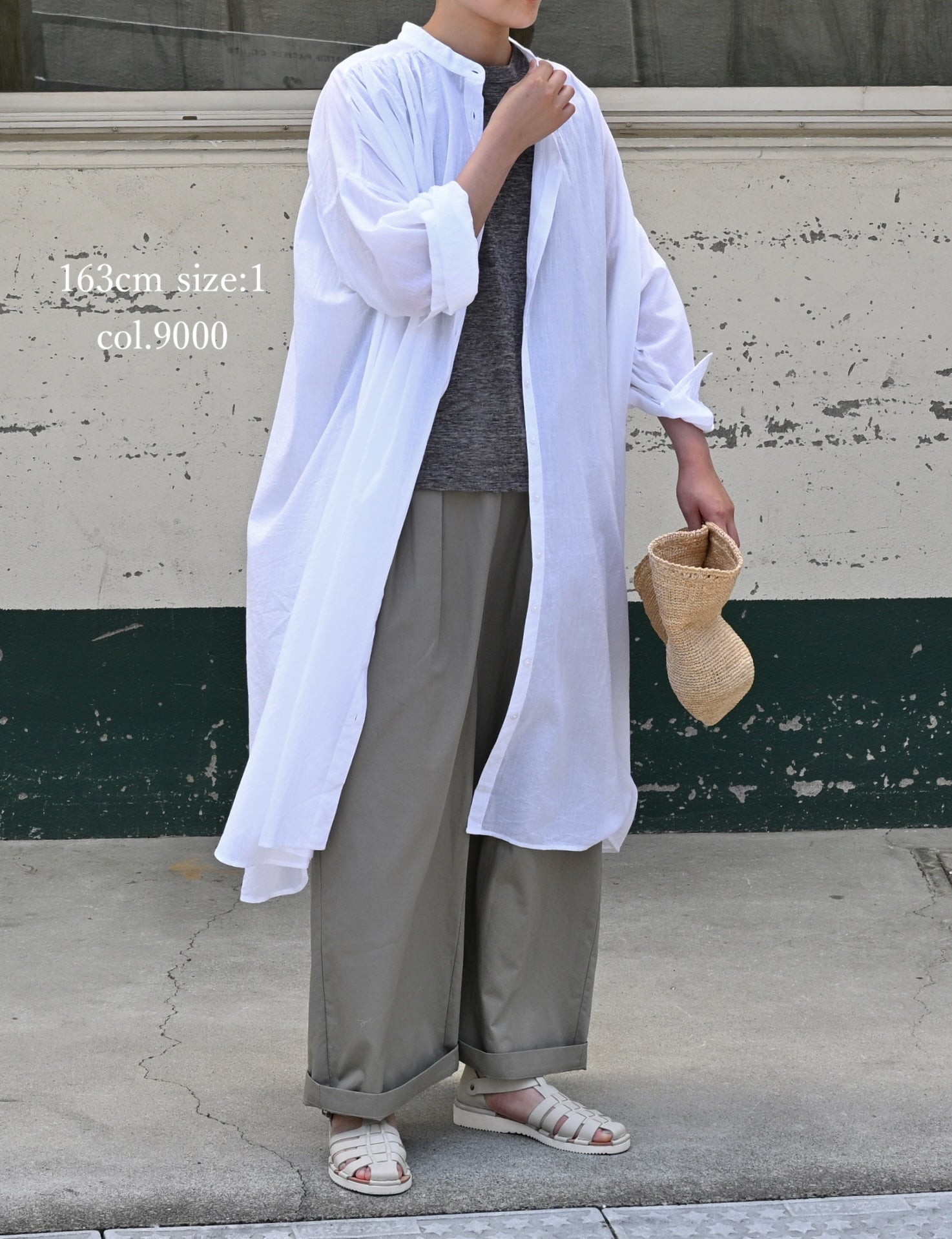 NSL26024 80s COTTON VOILE PLAIN BANDED COLLAR GATHERED SHIRT DRESS