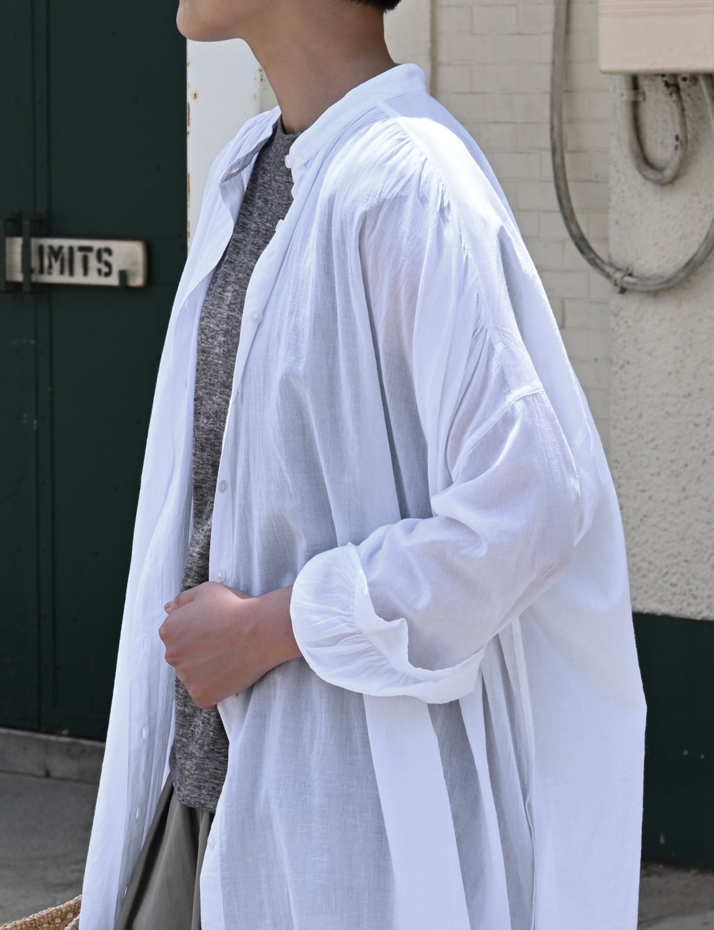 NSL26024 80s COTTON VOILE PLAIN BANDED COLLAR GATHERED SHIRT DRESS