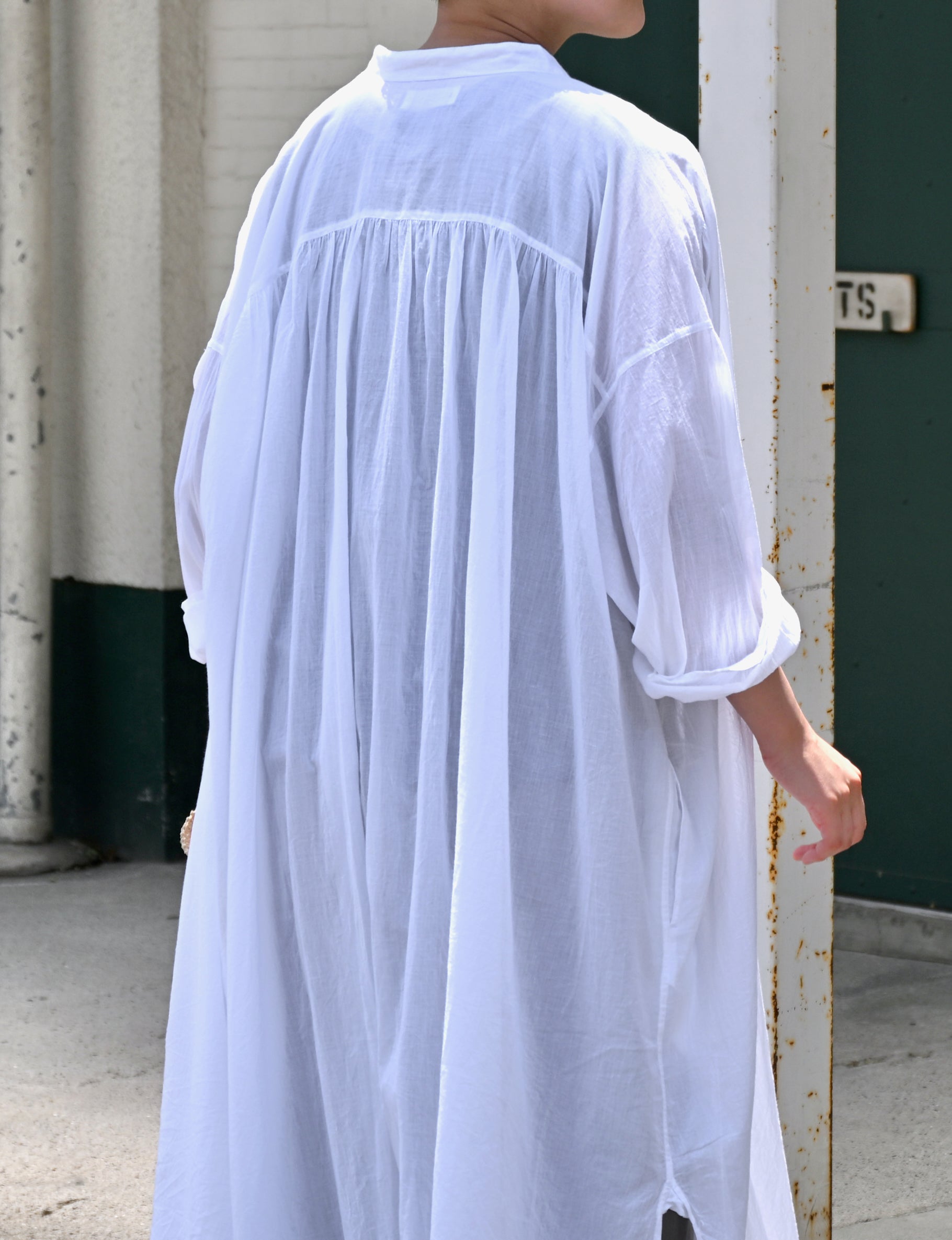 NSL26024 80s COTTON VOILE PLAIN BANDED COLLAR GATHERED SHIRT DRESS