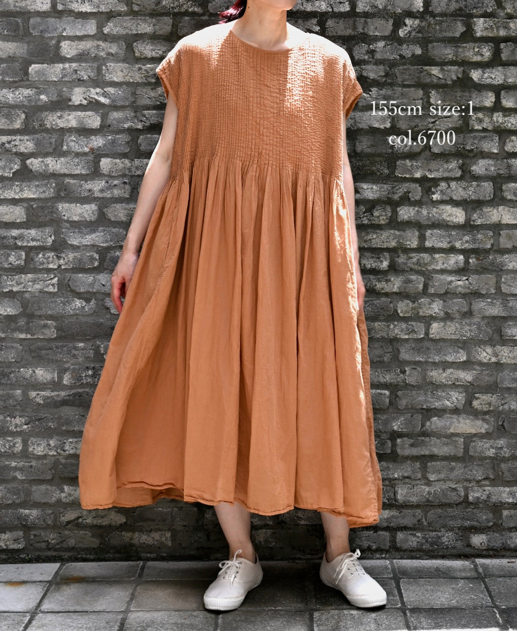 NMDS26513D 80s ORGANIC VOILE STRIPE (OVERDYE) CREW-NECK F/SL DRESS WITH PINTUCK
