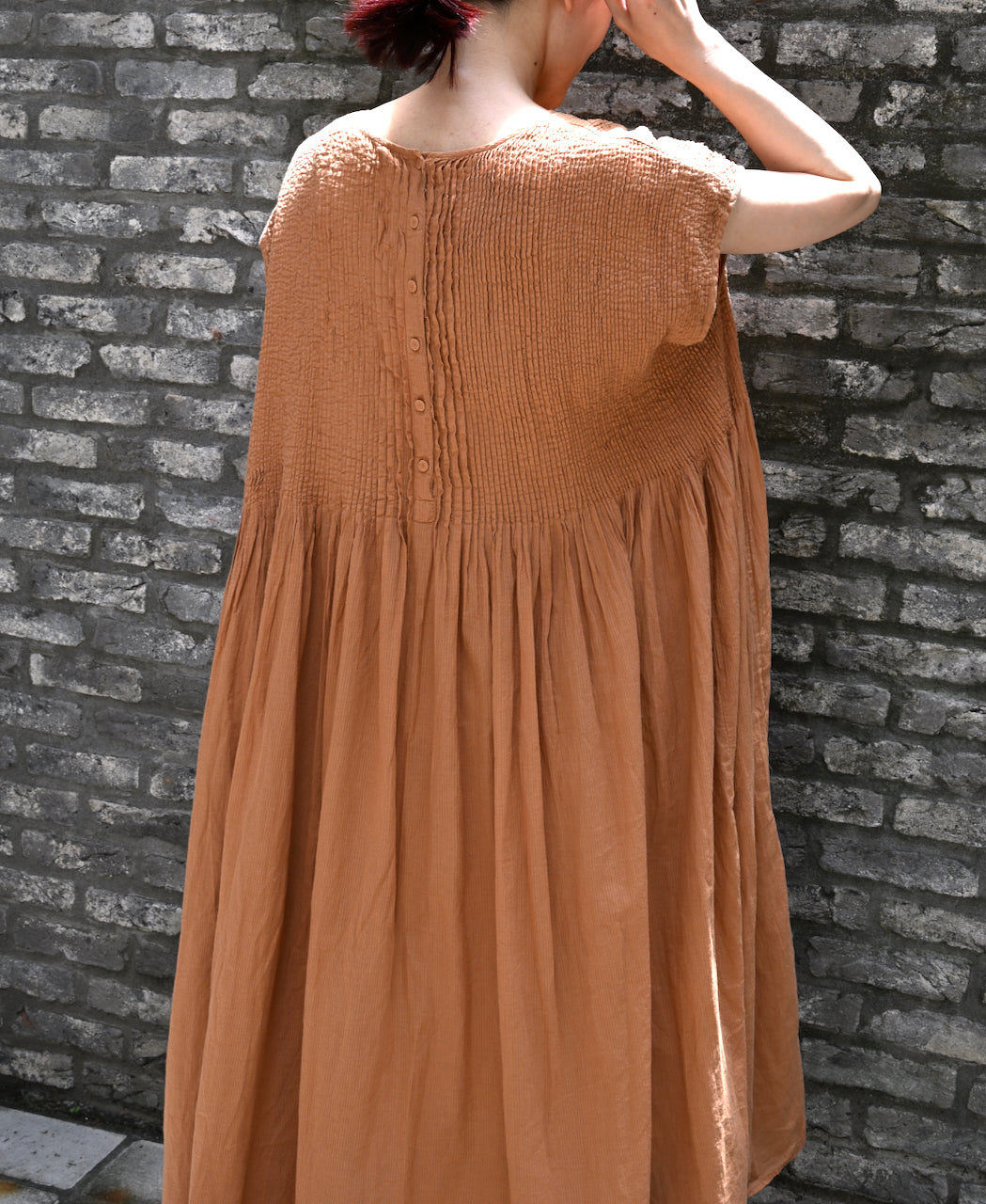 NMDS26513D 80s ORGANIC VOILE STRIPE (OVERDYE) CREW-NECK F/SL DRESS WITH PINTUCK
