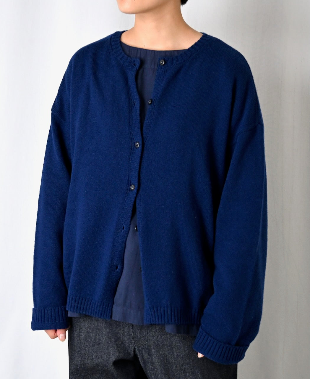 NNSL26513 7GG PLAIN STITCH NYLON/COTTON/WOOL CREW-NECK CARDIGAN