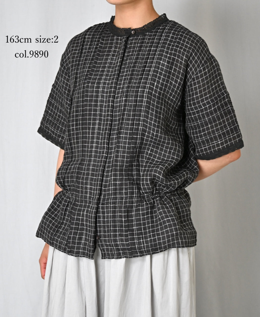 NMDS26281 80s POWER LOOM LINEN CHECK LACE PINTUCK HALF/SLEEVE 2WAY SHIRT