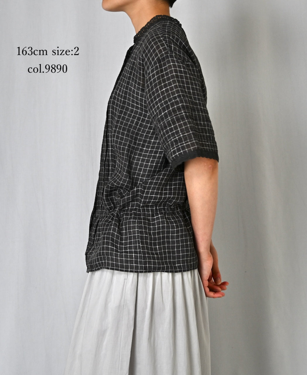 NMDS26281 80s POWER LOOM LINEN CHECK LACE PINTUCK HALF/SLEEVE 2WAY SHIRT