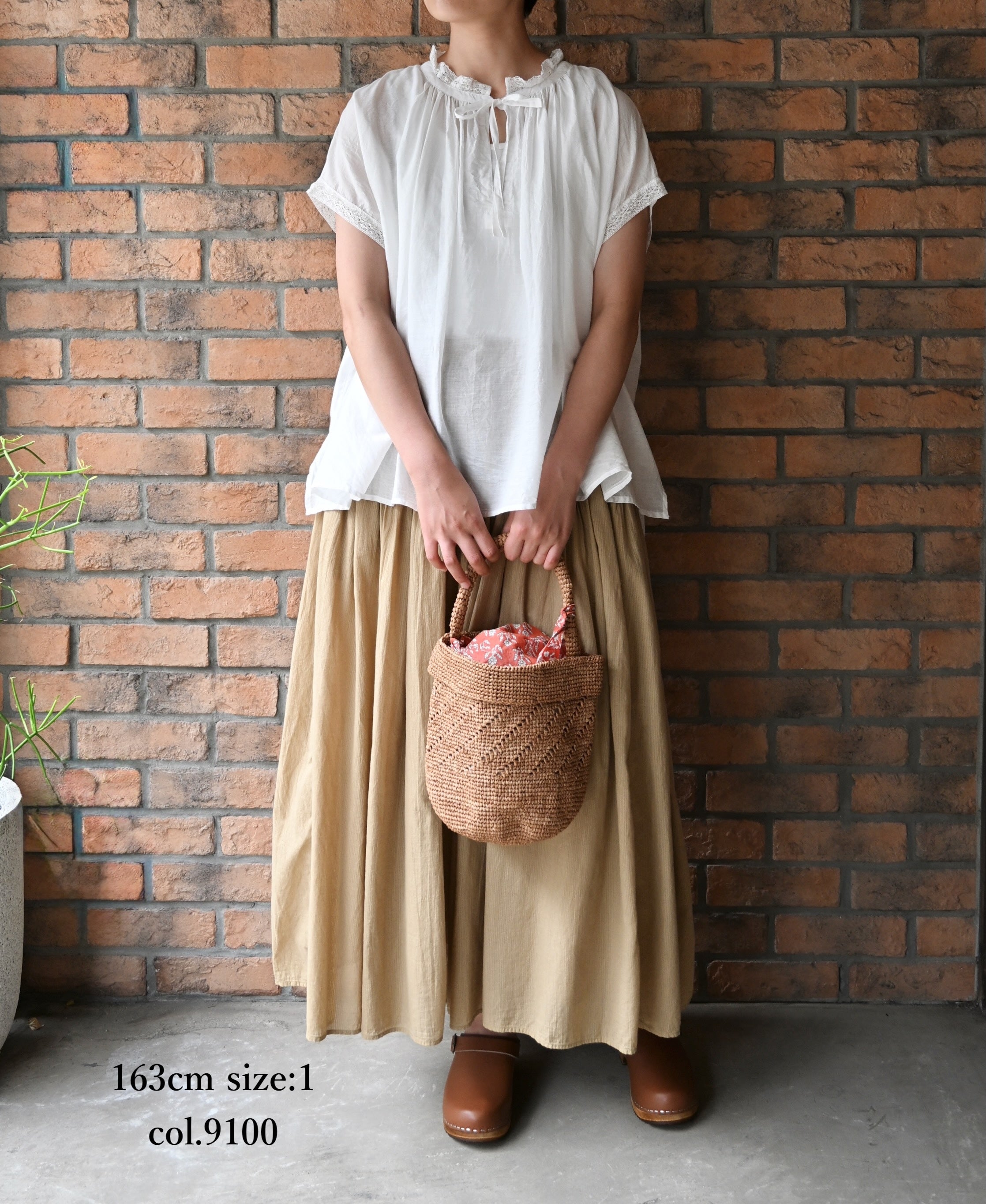 NSL26092 80s COTTON VOILE LACE LACE&STRING COLLAR GATHERED SHIRT