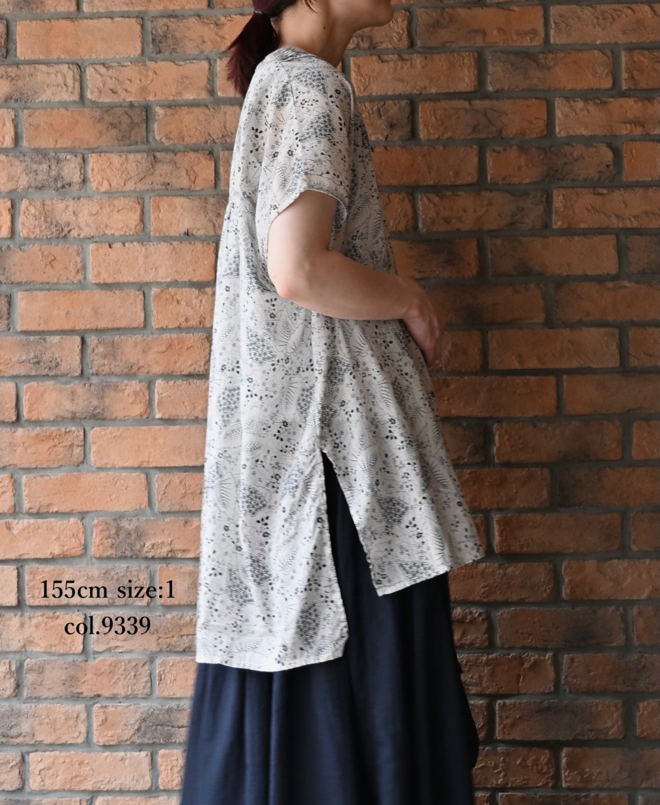 NSL26064 80s VOILE LEAF & FLOWER PRINT V-NECK FRENCH/SL TUNIC