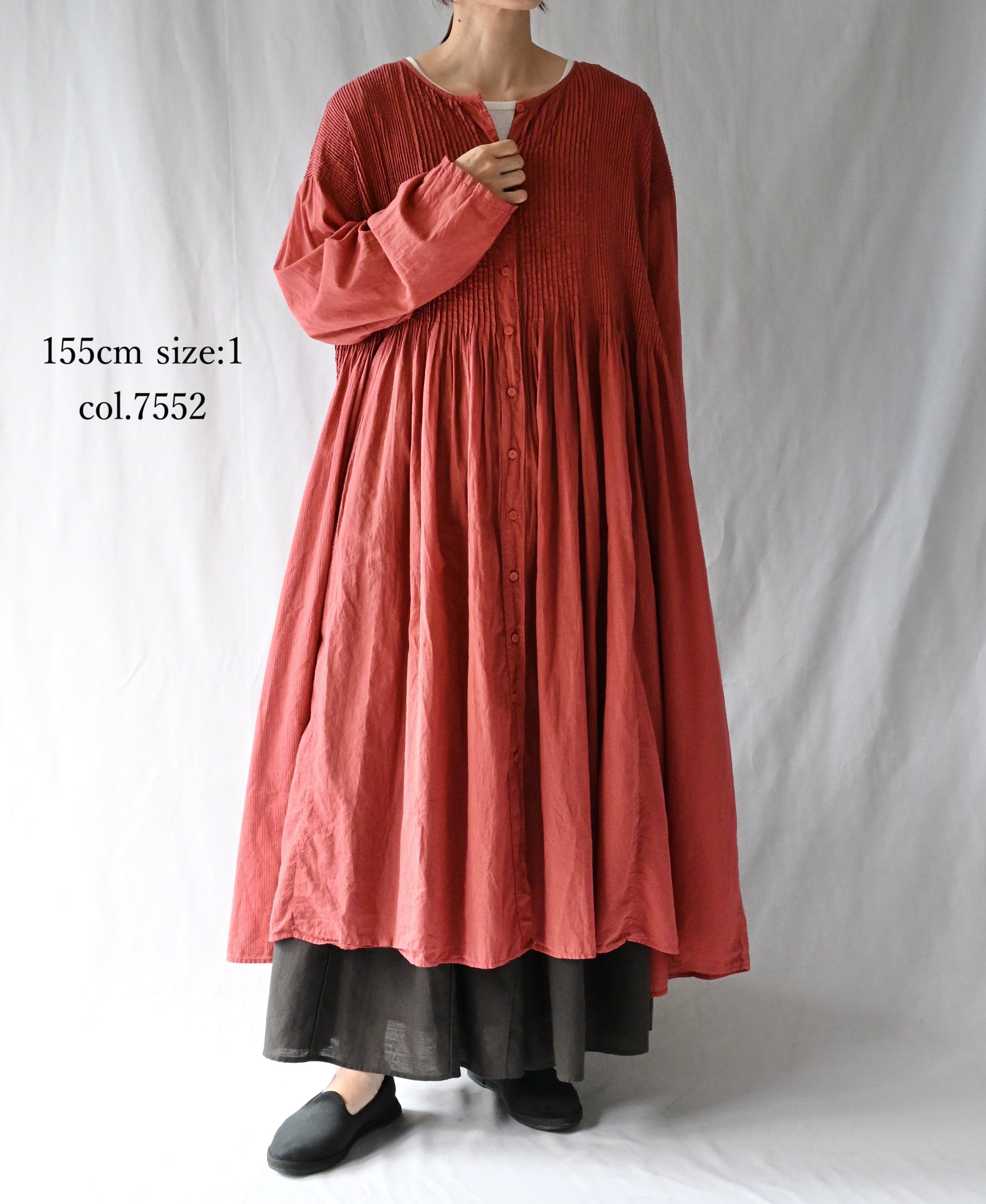 NMDS26604D ORGANIC MICRO CHK&VOILE PLAIN PATCHWORK OVERDYE CREW-NECK BUTTON SHIRT MAXI DRESS WITH PINTUCK