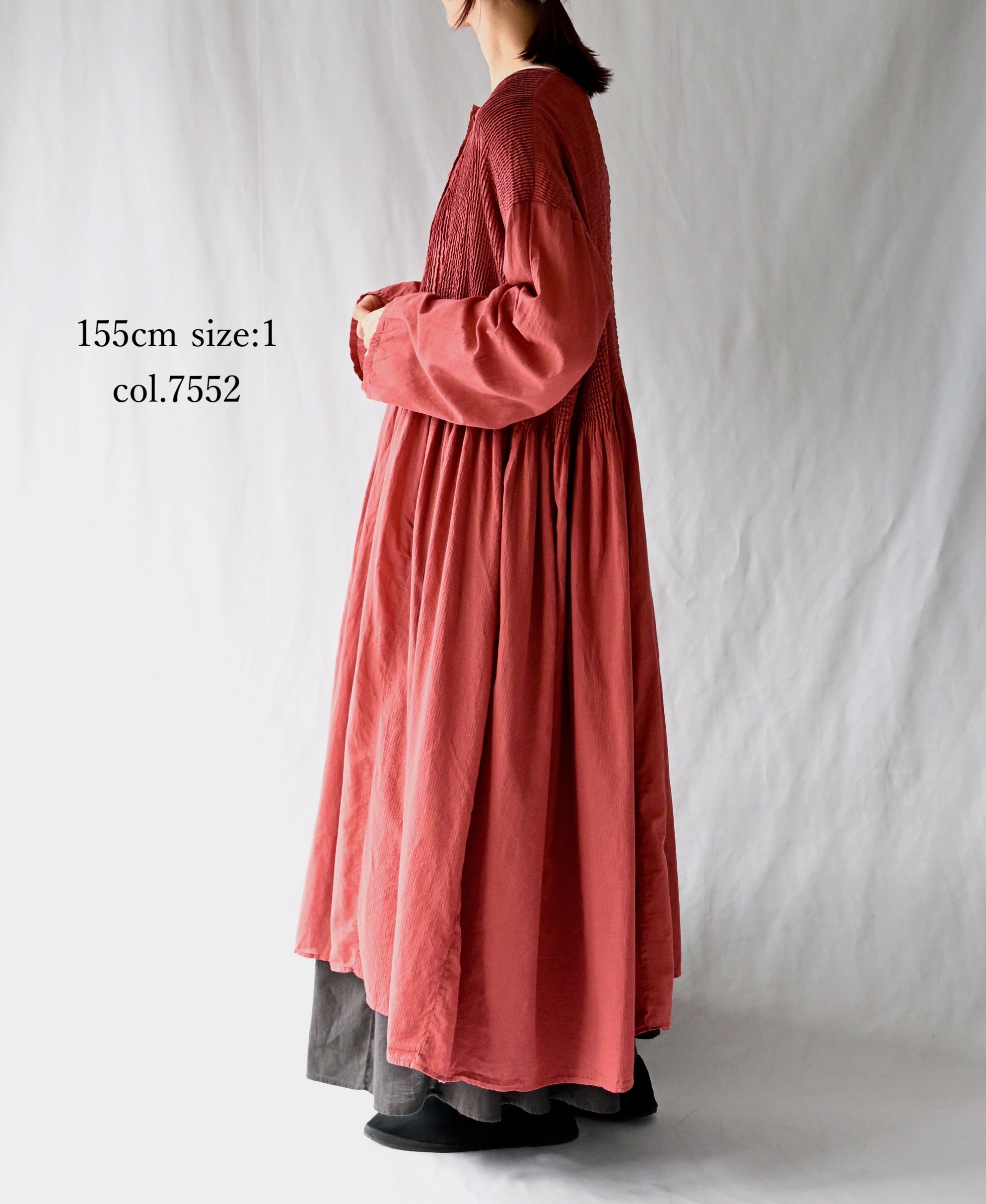 NMDS26604D ORGANIC MICRO CHK&VOILE PLAIN PATCHWORK OVERDYE CREW-NECK BUTTON SHIRT MAXI DRESS WITH PINTUCK