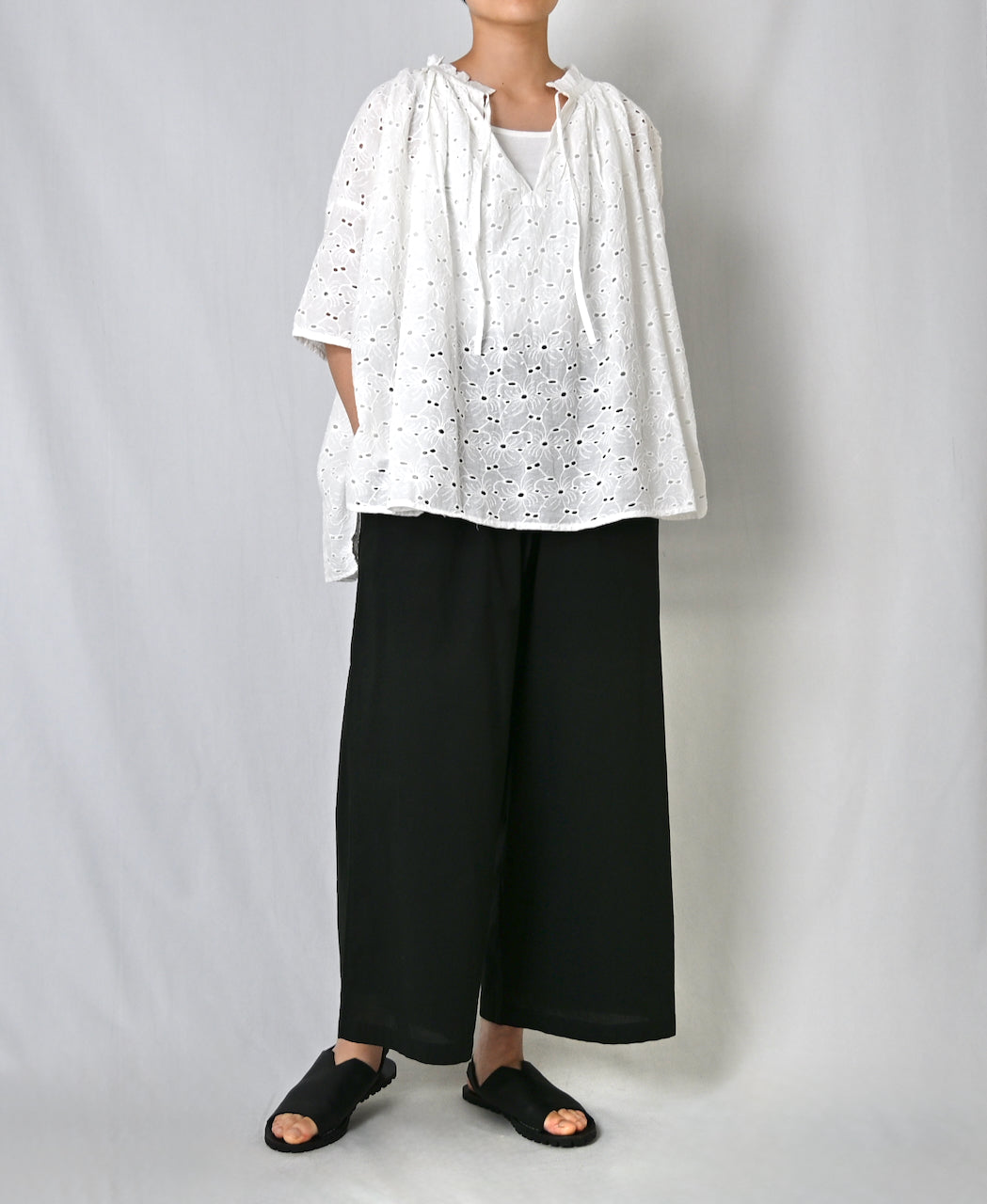 NSL26008 60s CAMBRIC PLAIN WIDE EASY PANTS