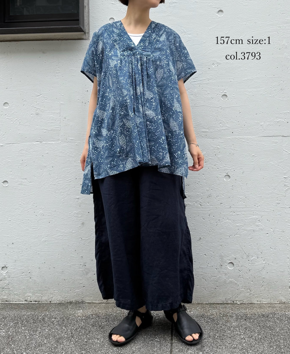NSL26064 80s VOILE LEAF & FLOWER PRINT V-NECK FRENCH/SL TUNIC