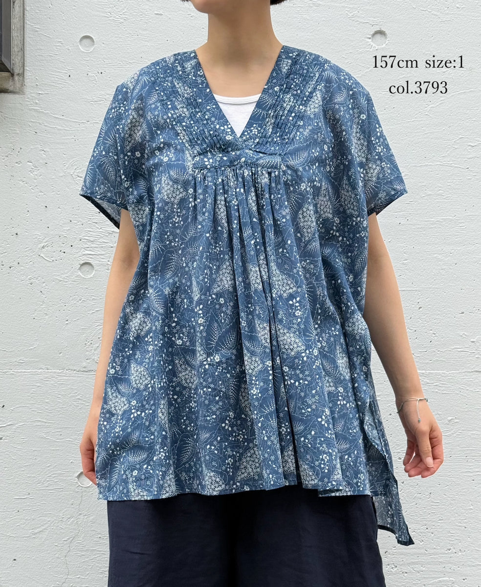 NSL26064 80s VOILE LEAF & FLOWER PRINT V-NECK FRENCH/SL TUNIC