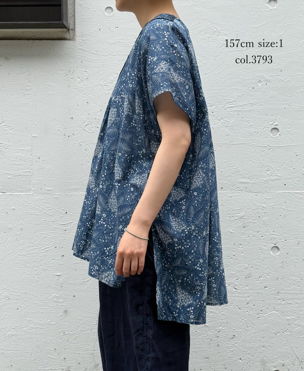 NSL26064 80s VOILE LEAF & FLOWER PRINT V-NECK FRENCH/SL TUNIC
