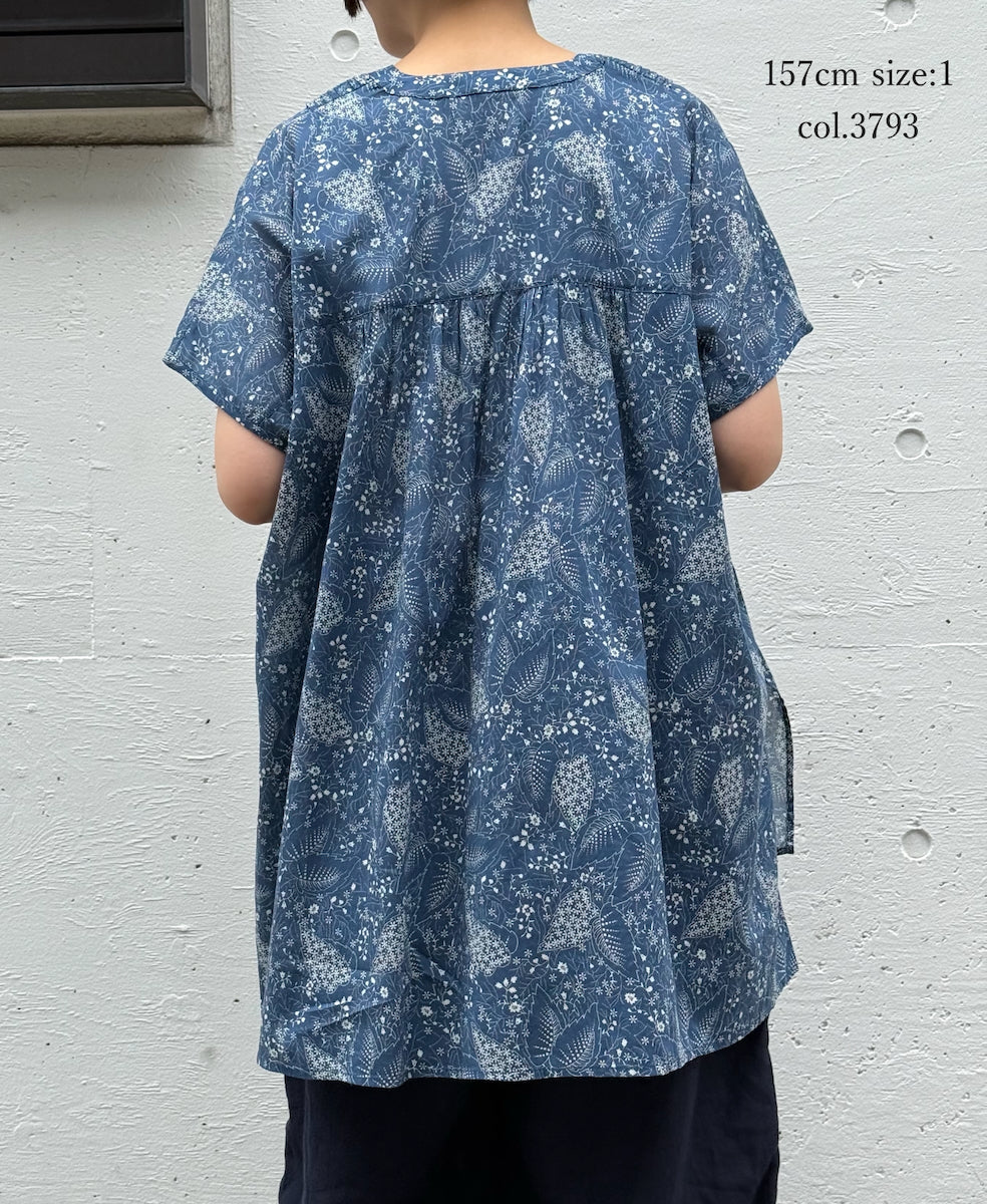 NSL26064 80s VOILE LEAF & FLOWER PRINT V-NECK FRENCH/SL TUNIC