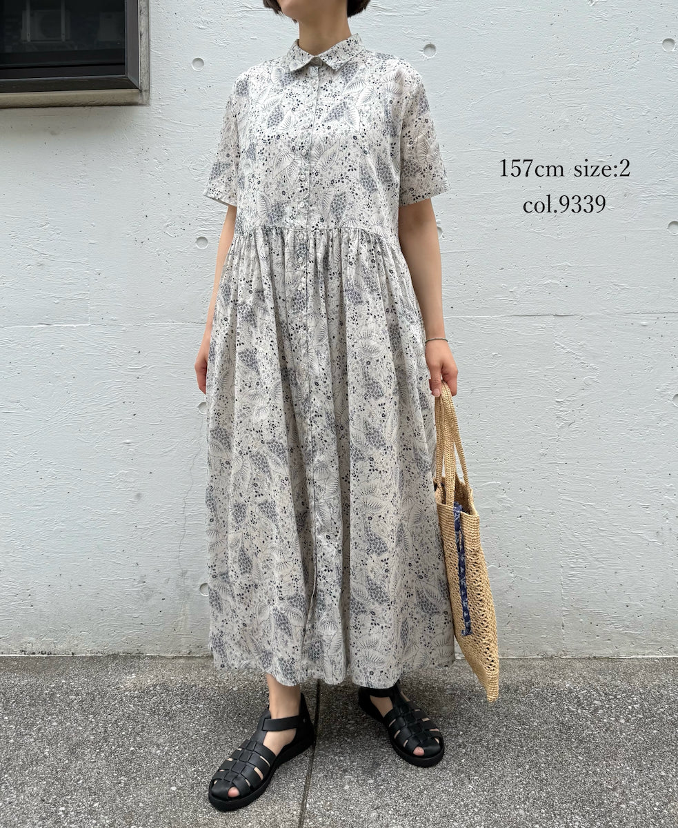 NSL26063 80s VOILE LEAF & FLOWER PRINT REGULAR COLLAR S/SL DRESS