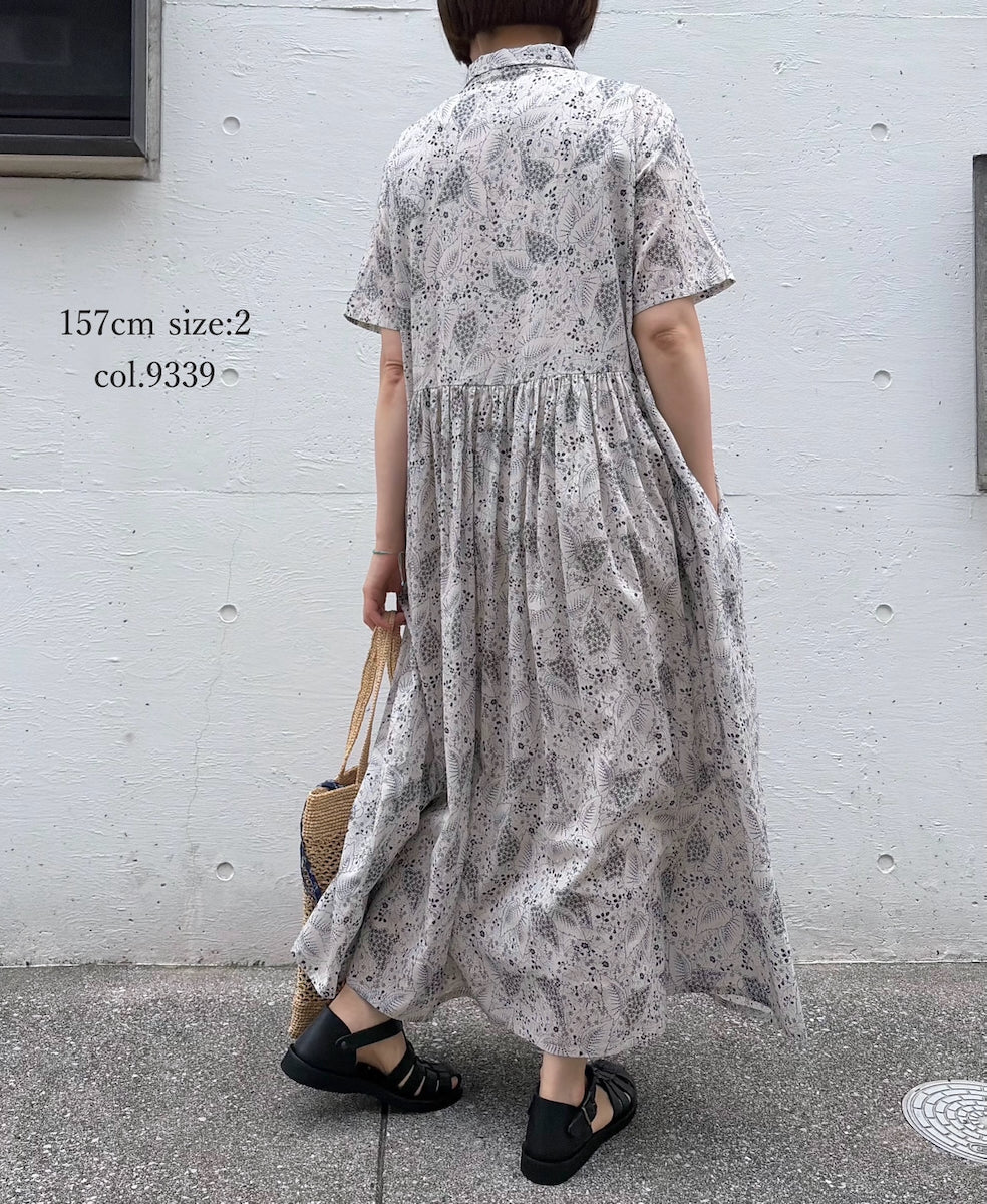 NSL26063 80s VOILE LEAF & FLOWER PRINT REGULAR COLLAR S/SL DRESS
