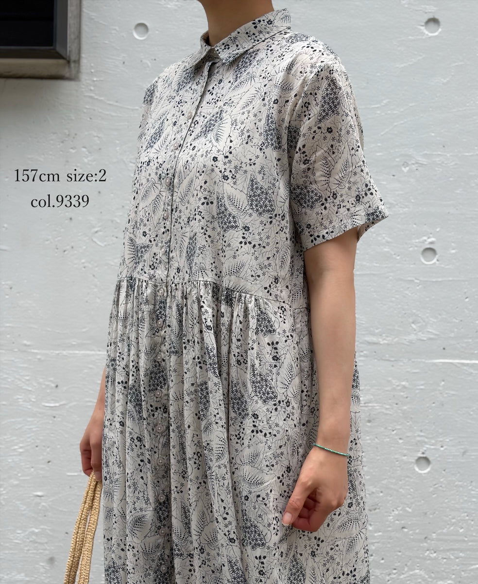 NSL26063 80s VOILE LEAF & FLOWER PRINT REGULAR COLLAR S/SL DRESS