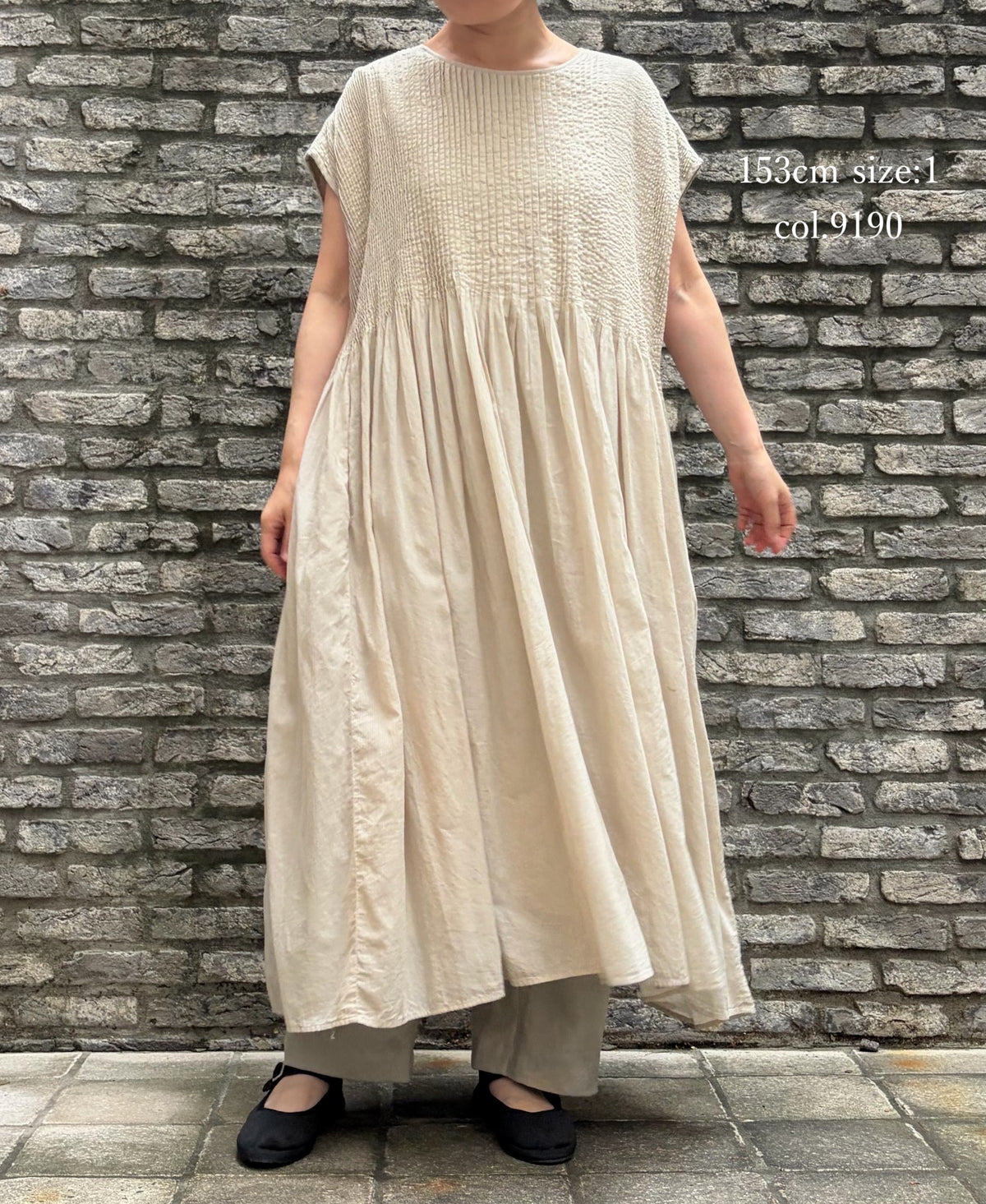 NMDS26513D 80s ORGANIC VOILE STRIPE (OVERDYE) CREW-NECK F/SL DRESS WITH PINTUCK