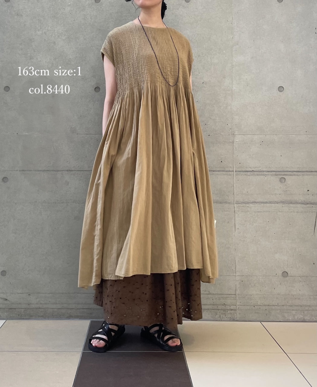 NMDS26513D 80s ORGANIC VOILE STRIPE (OVERDYE) CREW-NECK F/SL DRESS WITH PINTUCK