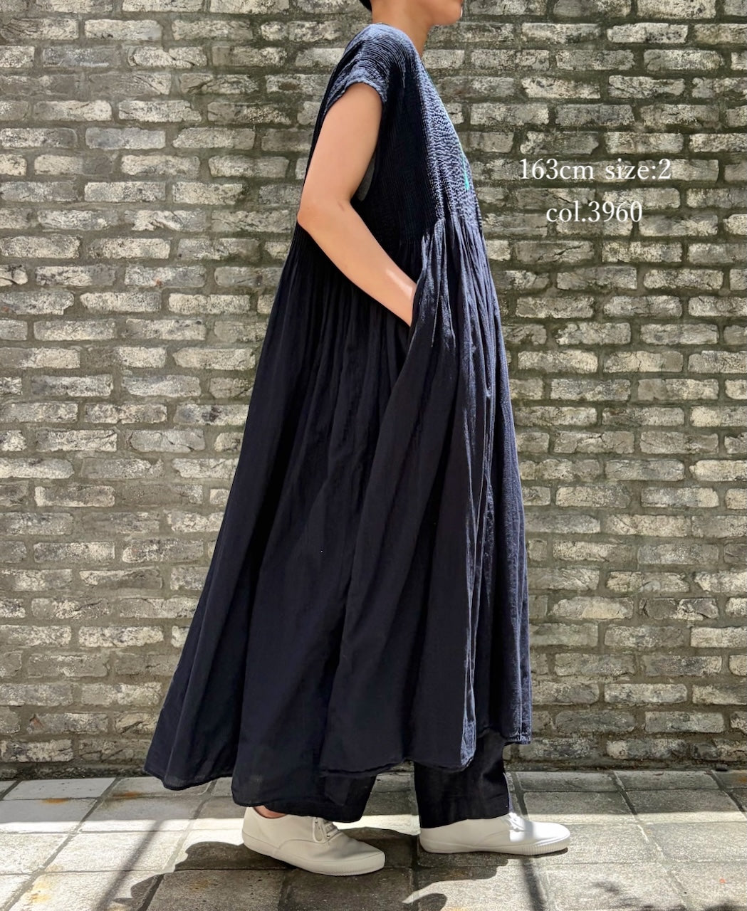 NMDS26513D 80s ORGANIC VOILE STRIPE (OVERDYE) CREW-NECK F/SL DRESS WITH PINTUCK