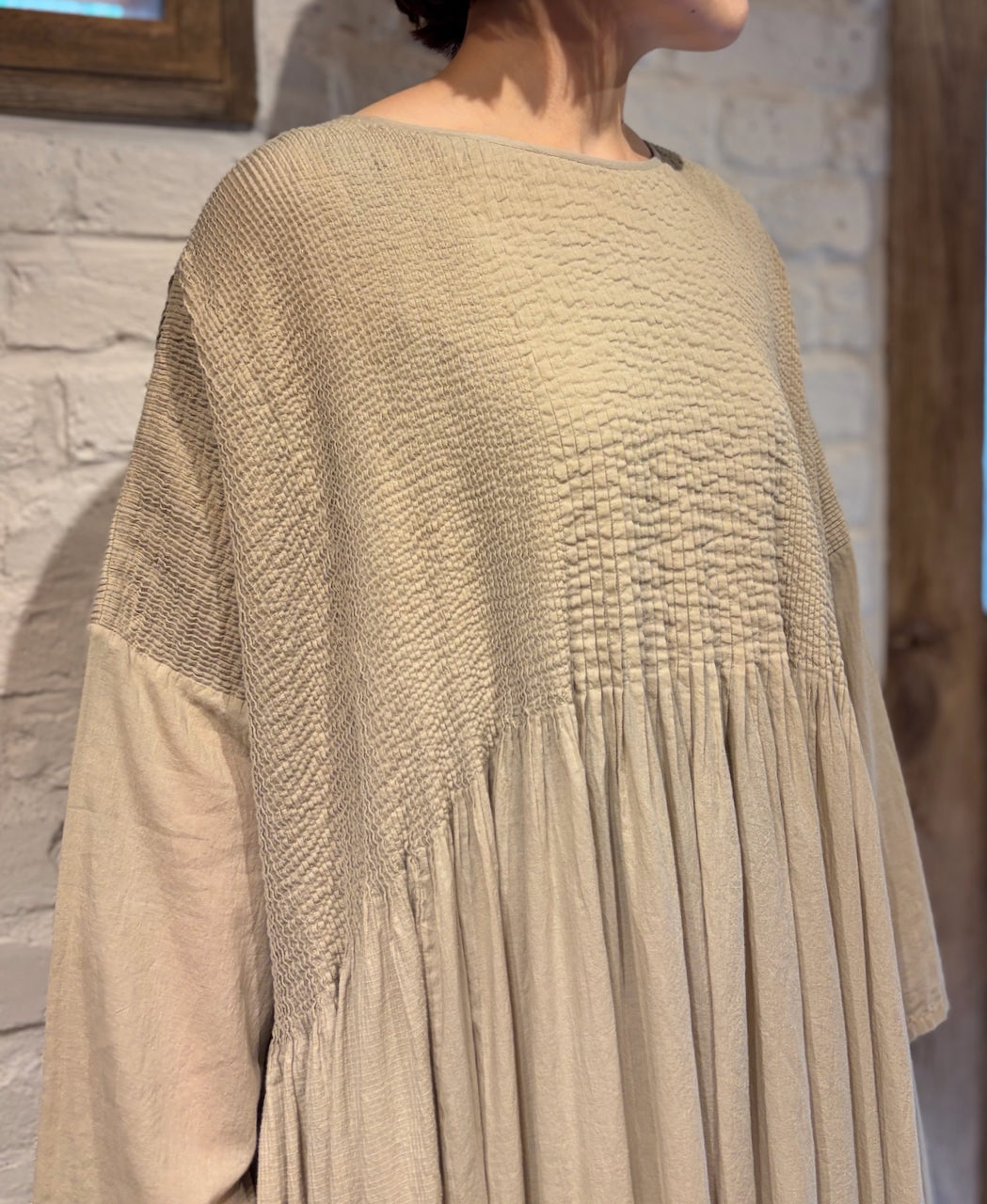 NMDS26602D ORGANIC MICRO CHK&VOILE PLAIN PATCHWORK OVERDYE PINTUCK PULLOVER DRESS