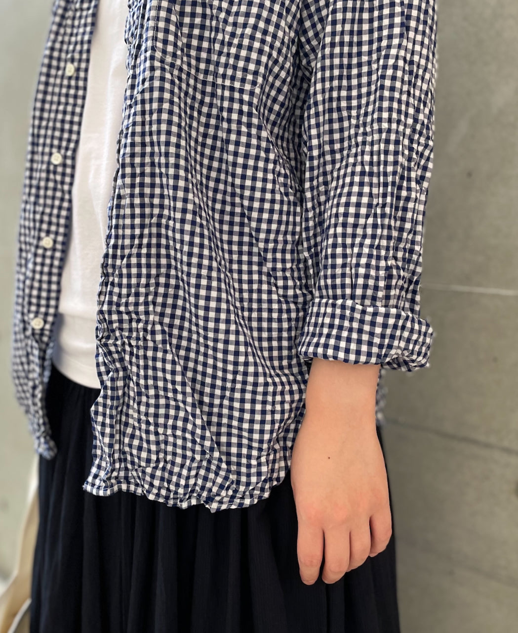 NVL2681SCW POPLIN STRIPE & CHECK WRINKLE BANDED COLLAR L/SL OVERSIZED SHIRTS