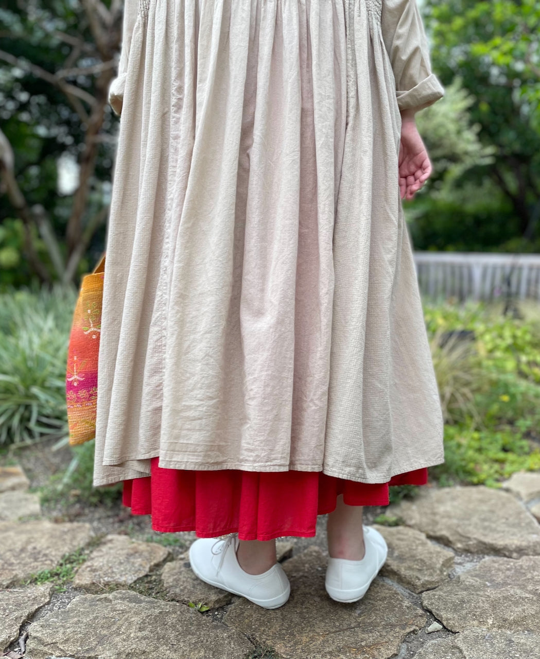 NMDS26604D ORGANIC MICRO CHK&VOILE PLAIN PATCHWORK OVERDYE CREW-NECK BUTTON SHIRT MAXI DRESS WITH PINTUCK