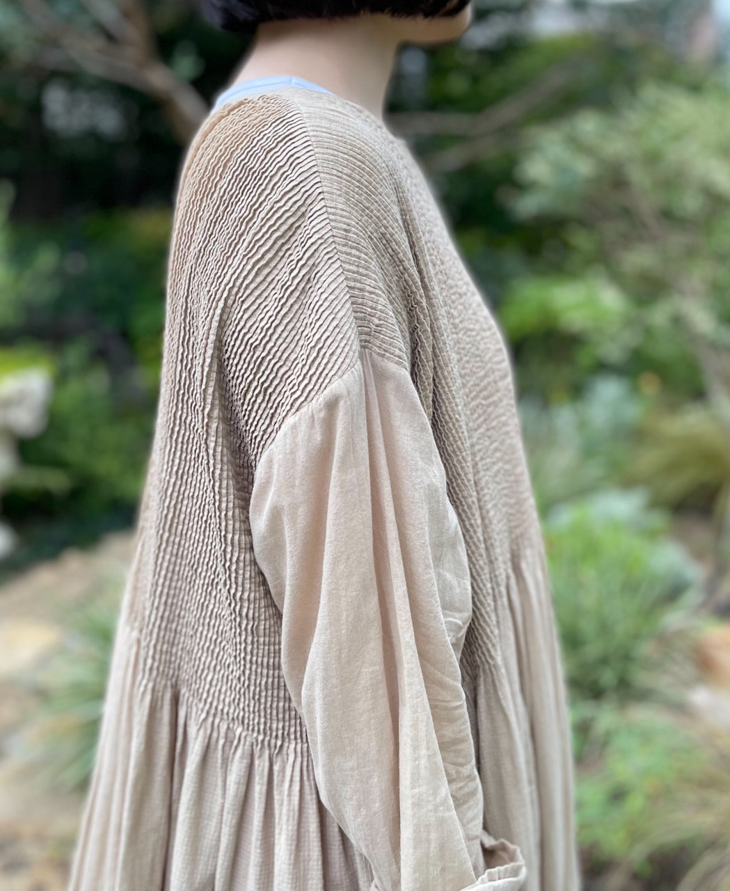 NMDS26604D ORGANIC MICRO CHK&VOILE PLAIN PATCHWORK OVERDYE CREW-NECK BUTTON SHIRT MAXI DRESS WITH PINTUCK