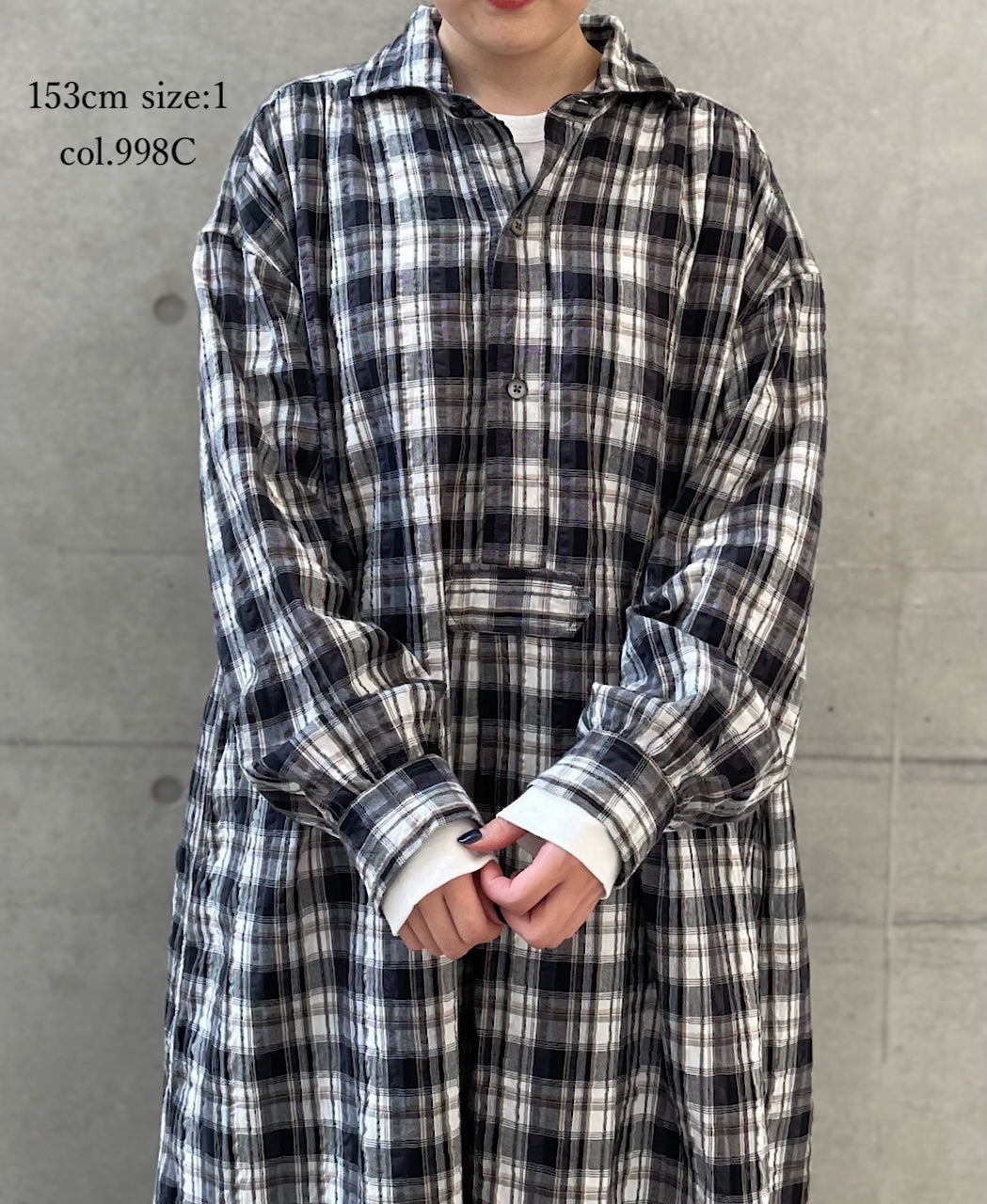 INAM2673 YARN DYED COTTON CHECK WORK GATHER LONG SHIRT