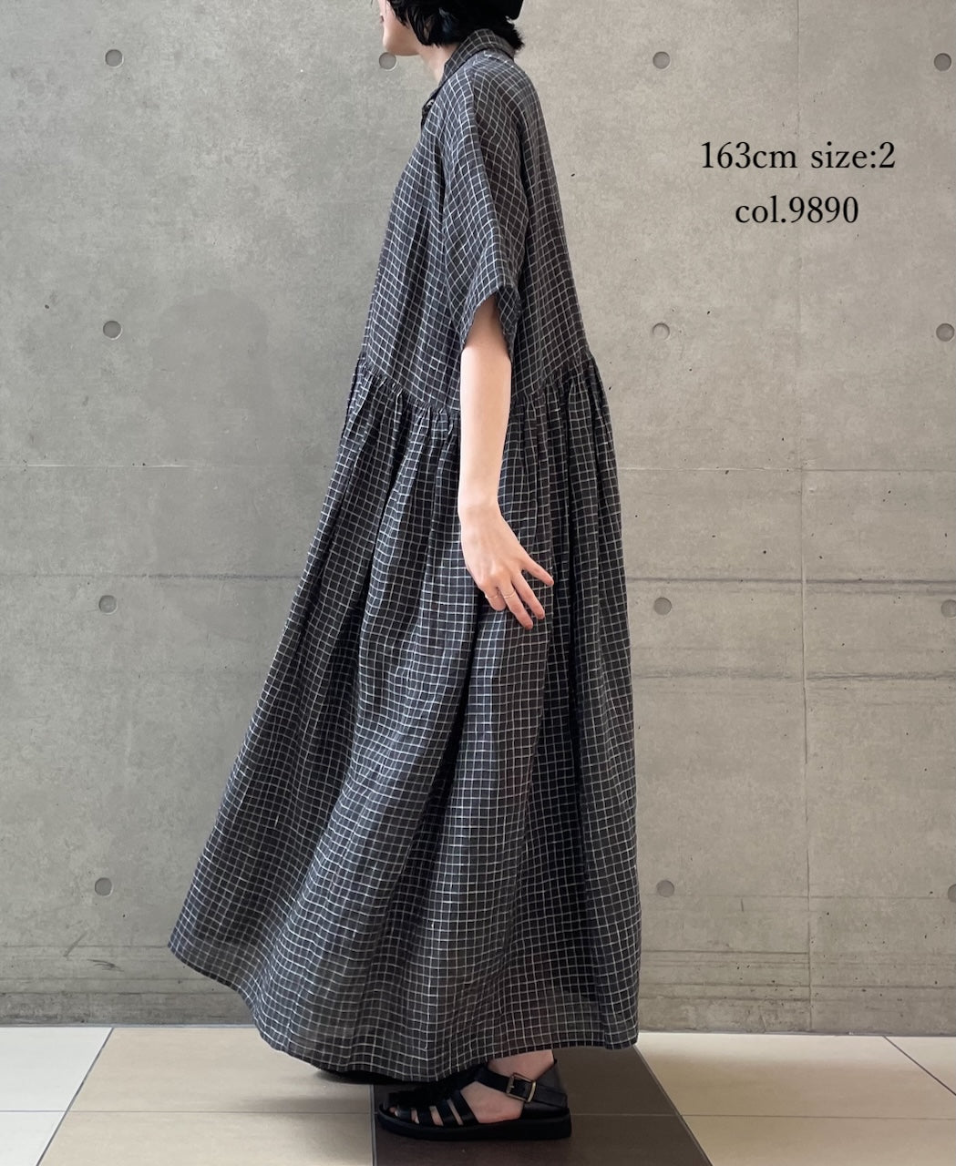NMDS26284 80s POWER LOOM LINEN CHECK REGULAR COLLAR DRESS WITH RAJASTAN GATHER