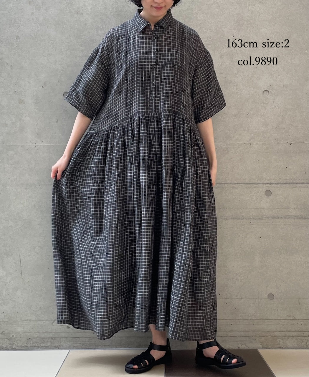NMDS26284 80s POWER LOOM LINEN CHECK REGULAR COLLAR DRESS WITH RAJASTAN GATHER