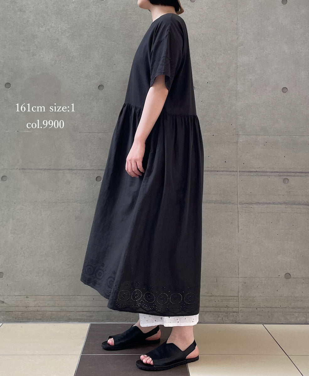 INSL26343 80s VOILE PLAIN WITH CUT WORK LACE CREW NECK PULLOVER DRESS