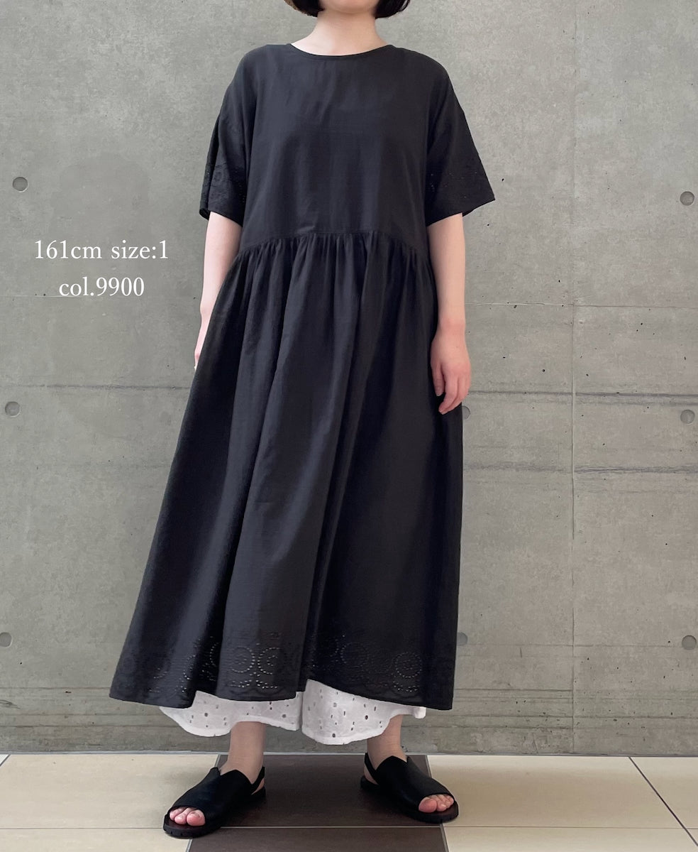 INSL26343 80s VOILE PLAIN WITH CUT WORK LACE CREW NECK PULLOVER DRESS